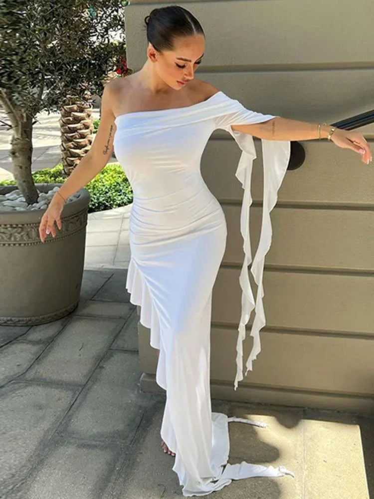 Elegant Asymmetrical Ruffle Long Maxi Dress for Women - White & Black Party Outfits, Birthday Dresses, Formal Evening Wear & Special Occasion Attire
