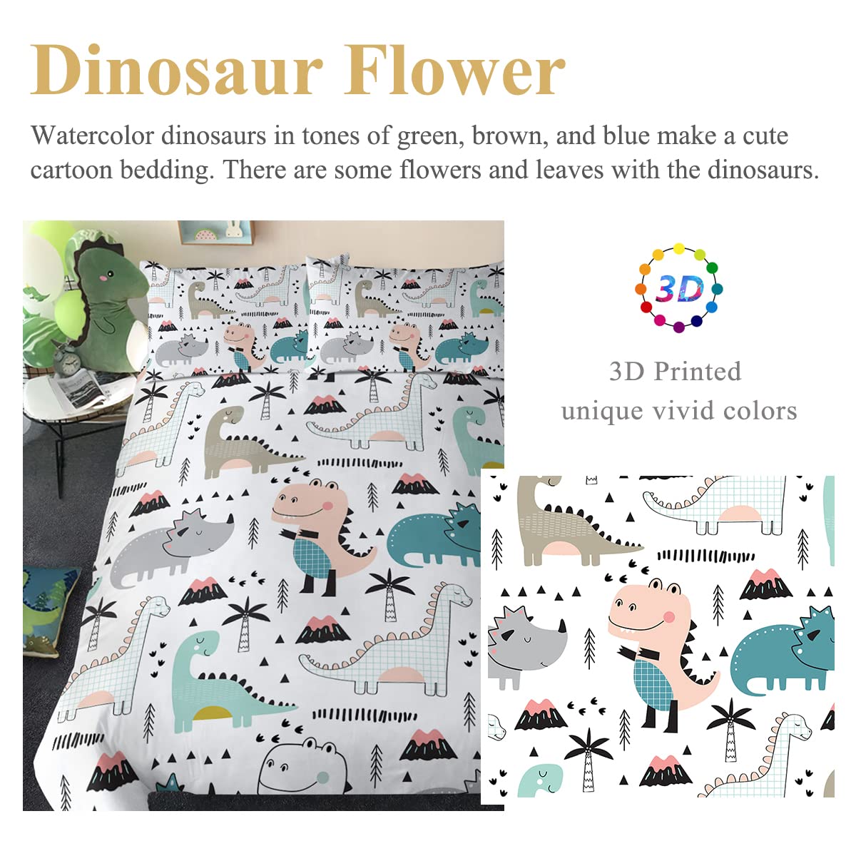 Dinosaur King Bedding Set for Boys - Cute Dino Duvet Cover, Blue & Pink Dinosaur Comforter Cover, 3-Piece Kids Cartoon Bed Set (King Size) - Perfect for Kids' Rooms, Themed Bedrooms & Dinosaur Lovers