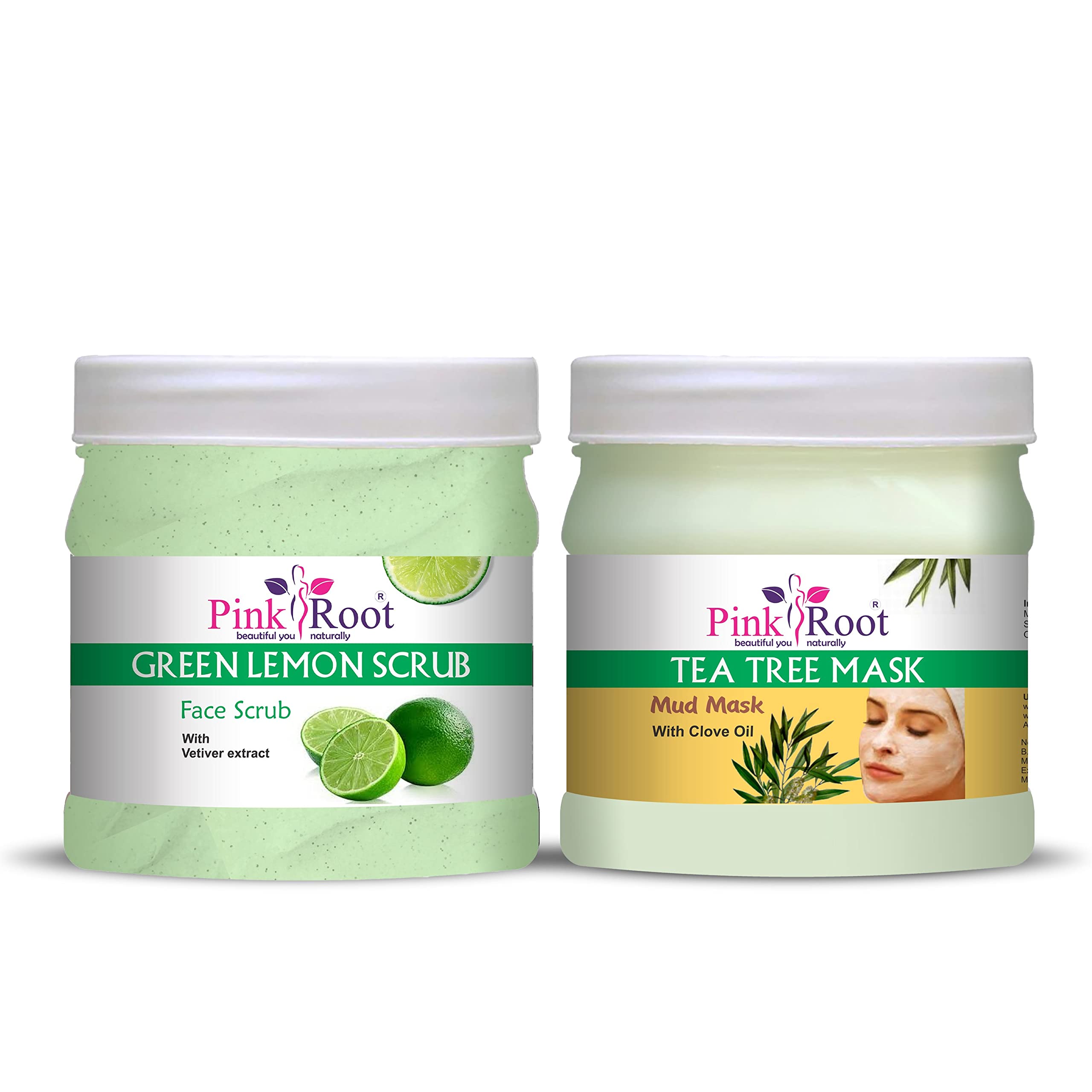 Pink Root Green Lemon Scrub 500g & Tea Tree Mud Mask 500g - Exfoliating Facial Treatment for Acne & Blackheads | Spa Day & Skincare Routine Essential