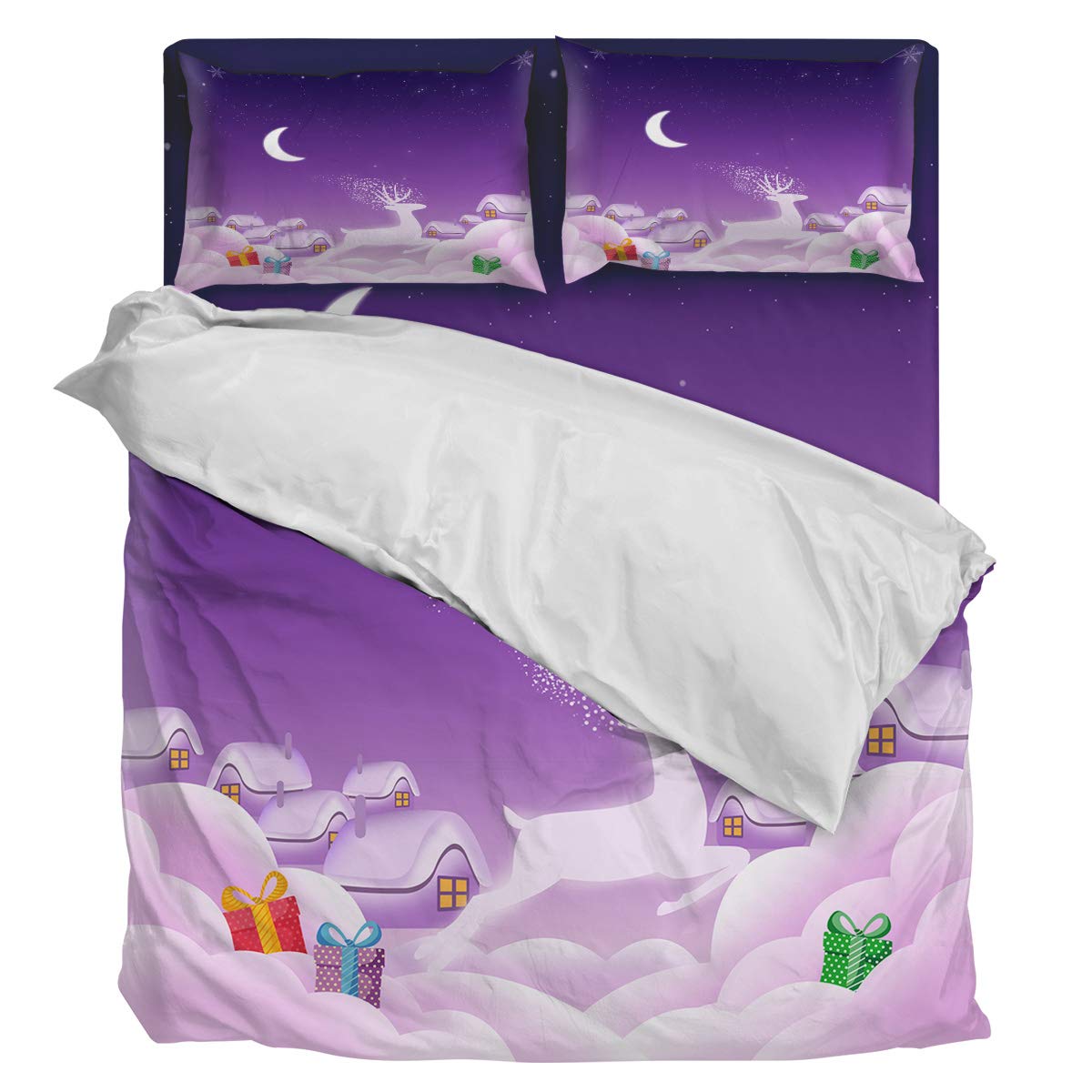 Premium 4-Piece Queen Size Sunflower Duvet Cover Set - Soft Luxury Bedding with Fairy Christmas Purple Reindeer Design (1 Duvet Cover + 1 Fitted Sheet + 2 Pillowcases) for Cozy Bedroom Decor & Holiday Home Styling