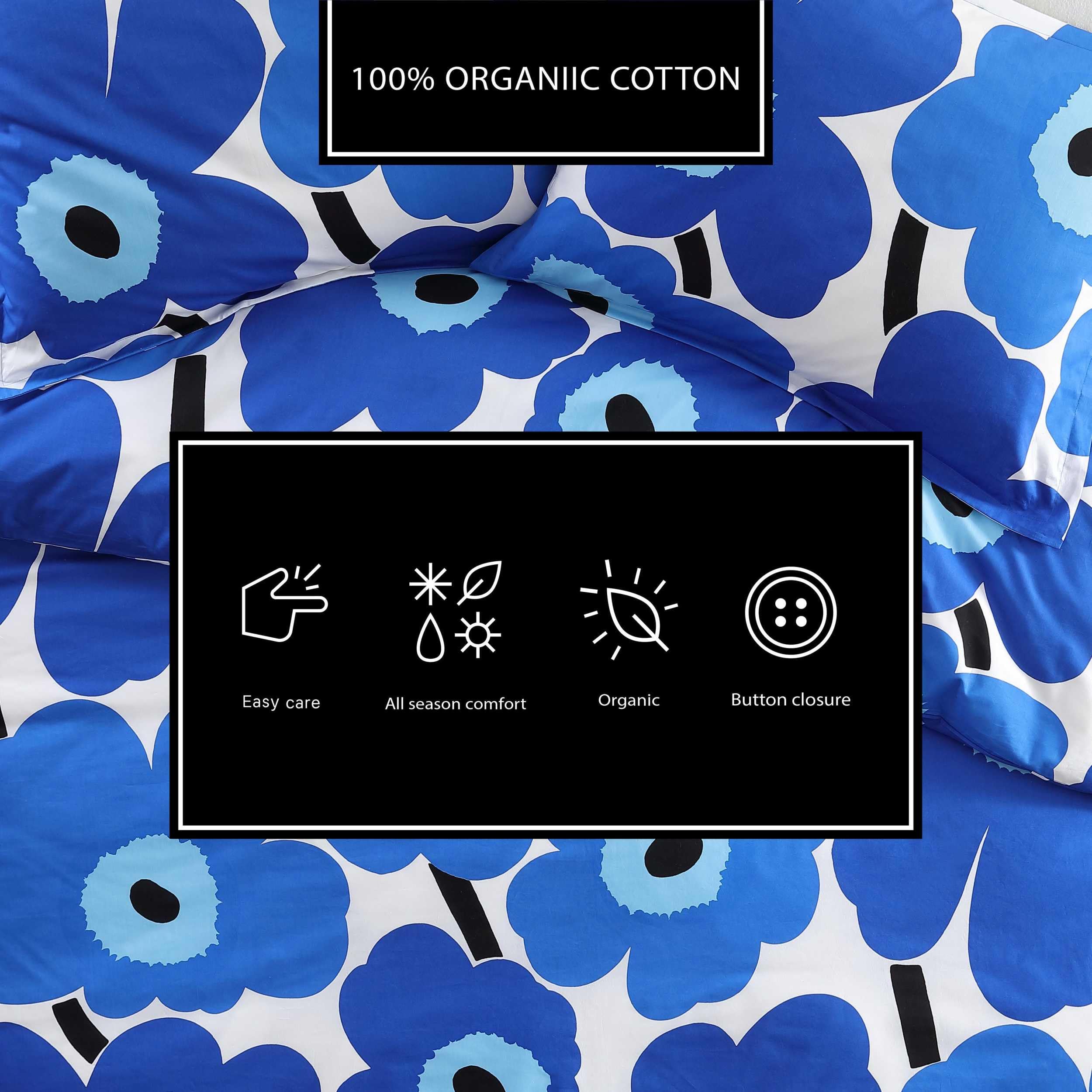 Marimekko King Comforter Set - 100% Cotton Percale Reversible Duvet Cover with Matching Shams, Floral Print Home Decor (Unikko Blue, King Size) for Master Bedroom & Guest Room Luxury Bedding