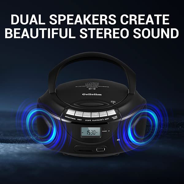 Gelielim Portable Bluetooth CD Player Boombox with AM/FM Radio, USB/SD/MMC Playback, Aux Input & Headphone Jack - High Volume Stereo Sound, LCD Display, Battery & AC Power - Perfect for Home, Office, Travel and Outdoor Parties