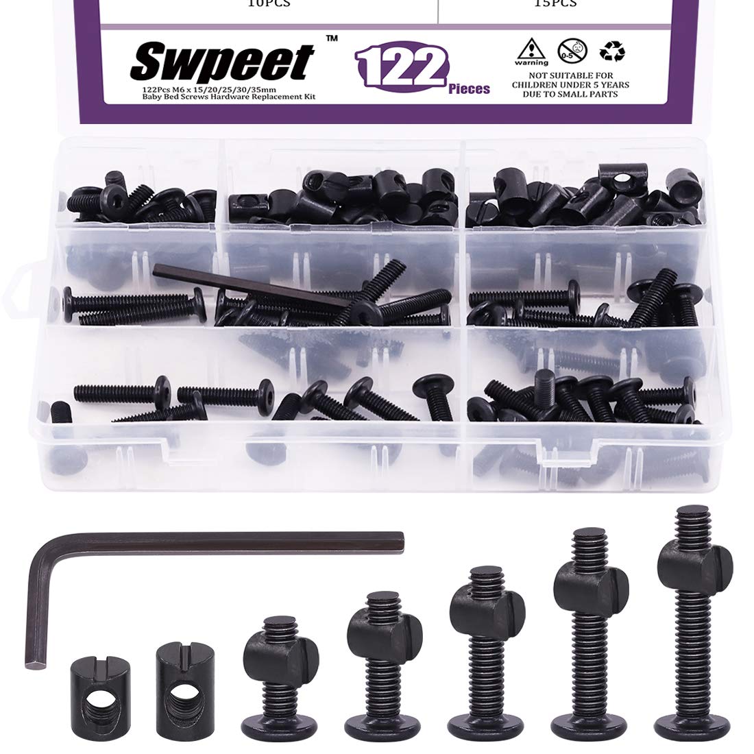 Swpeet 120Pcs M6 Crib Screws & Nuts Set with Allen Wrench - Perfect for Baby Beds & Furniture Assembly