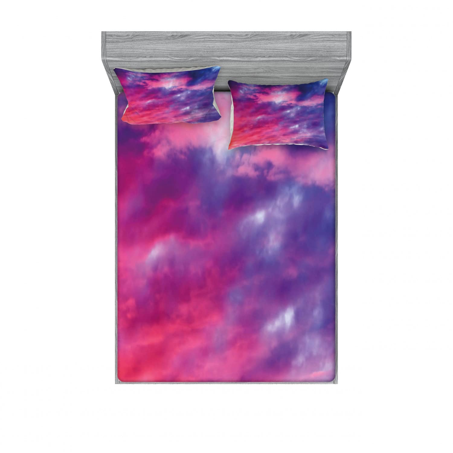 Ambesonne 2-Pack Queen Size Fitted Sheet & Pillow Sham Set - Cloudy Sunset Design, Purple Bedding Decor (Includes 2 Fitted Sheets & 4 Pillow Covers) for Master Bedroom, Guest Room, or Vacation Home - Soft & Breathable Cotton Blend