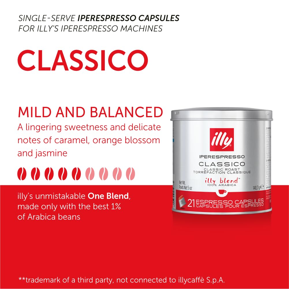 illy iperEspresso Coffee Capsules - Single-Serve Classico Lungo Roast with Caramel Notes - Single Origin Coffee Pods for iperEspresso Machines (21 Count, 6 Pack) - Perfect for Home & Office Espresso Brewing