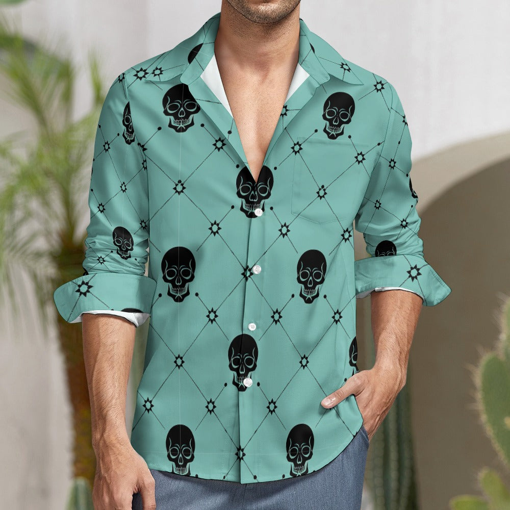 Black Skulls Casual One Pocket Long Sleeve Shirt for Men - Stylish Gothic Streetwear Top for Everyday Wear, Parties & Halloween