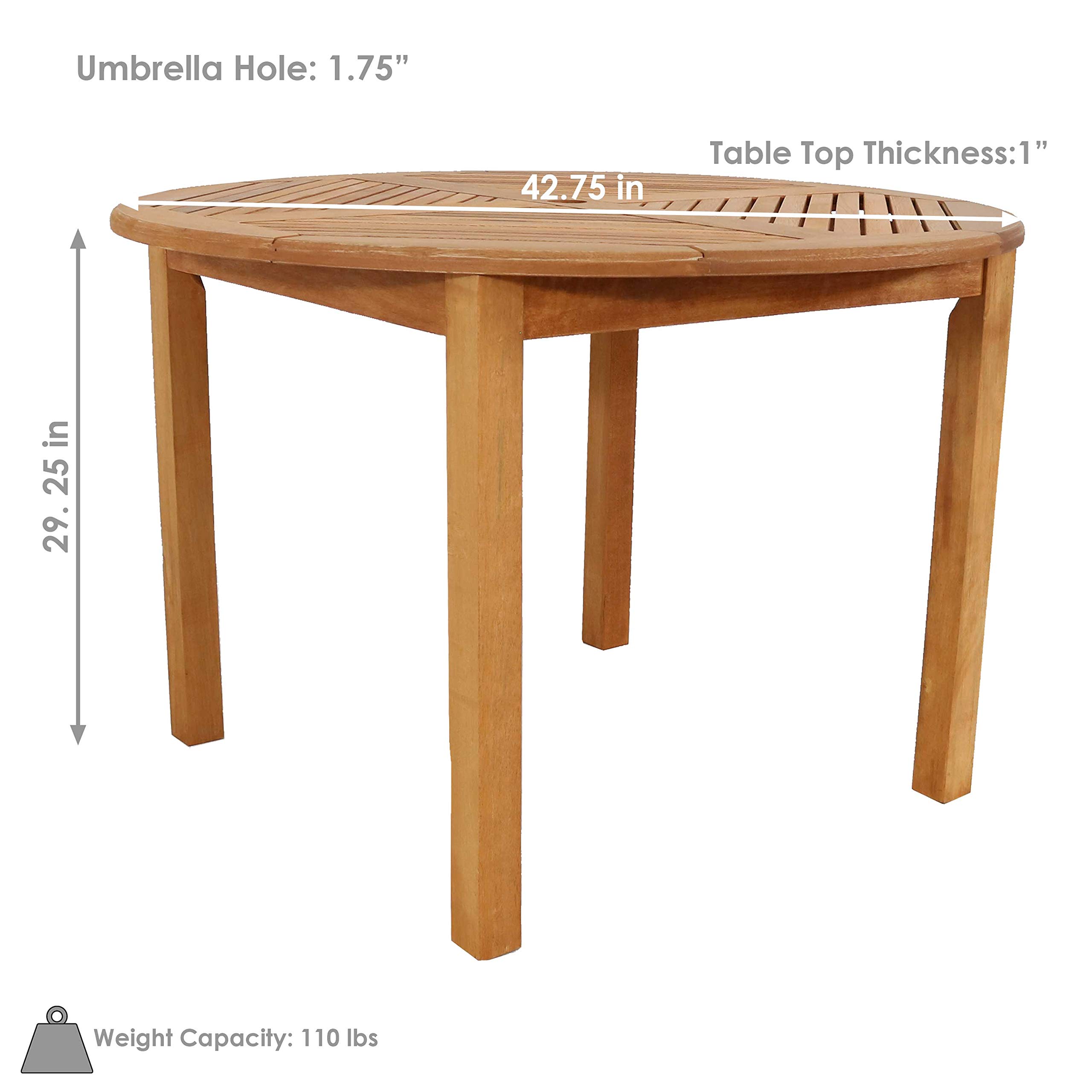 Sunnydaze 42-Inch Meranti Wood Round Outdoor Dining Table with Umbrella Hole - Teak Oil Finish - Weather-Resistant Patio Furniture for Garden, Deck, Backyard Dining & Entertaining