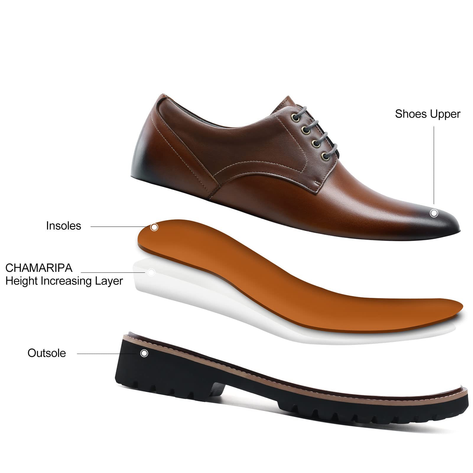 CHAMARIPA Men's Height Increasing Shoes - Leather Lace-up Dress Elevator Shoes for Discreet Height Boost | Perfect for Work, Weddings & Formal Events