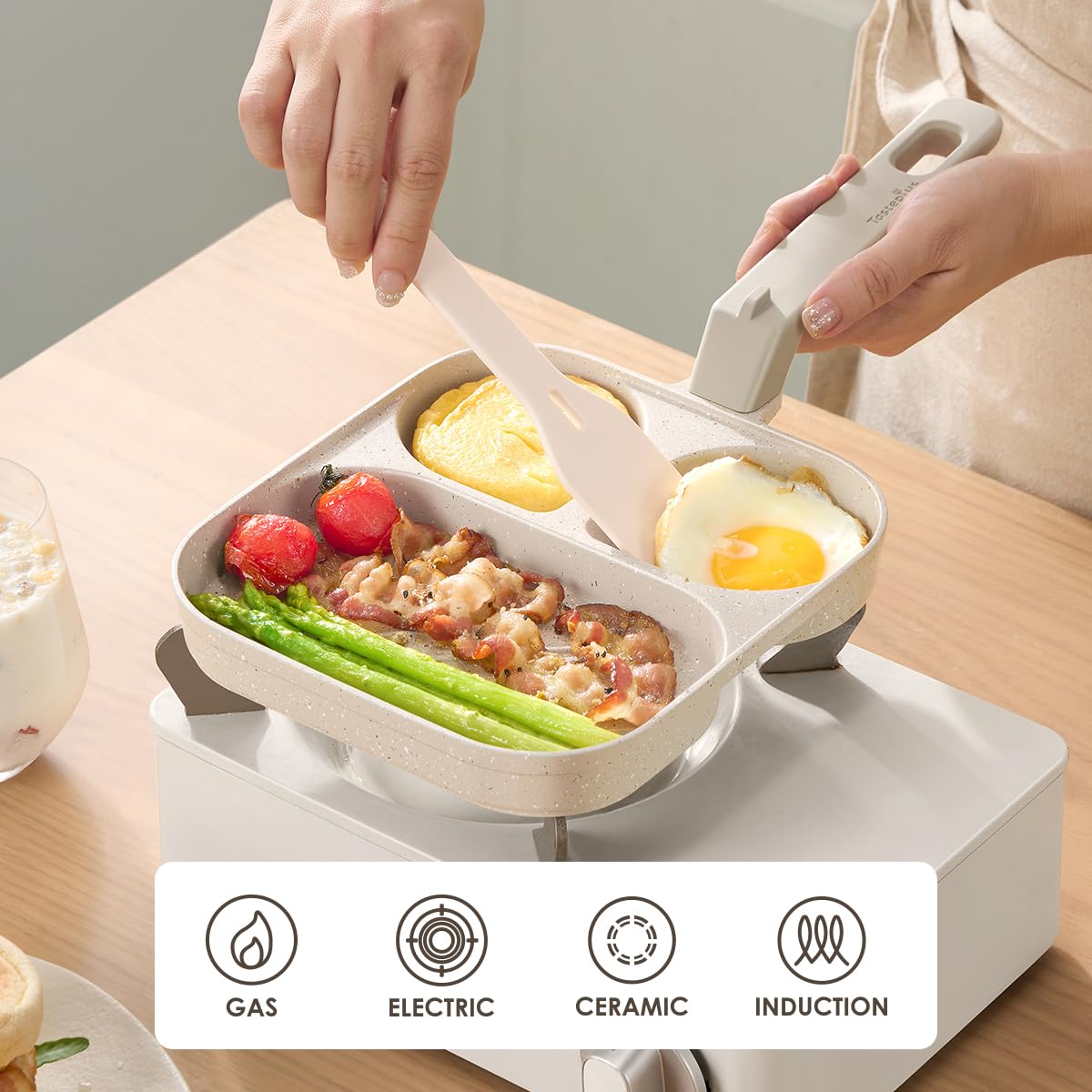 Nonstick 3-Section Egg Pan for Omelette & Breakfast - Induction & Gas Stove Compatible Frying Pan (Light Grey) - Perfect for Quick Meals, Camping & Small Kitchens
