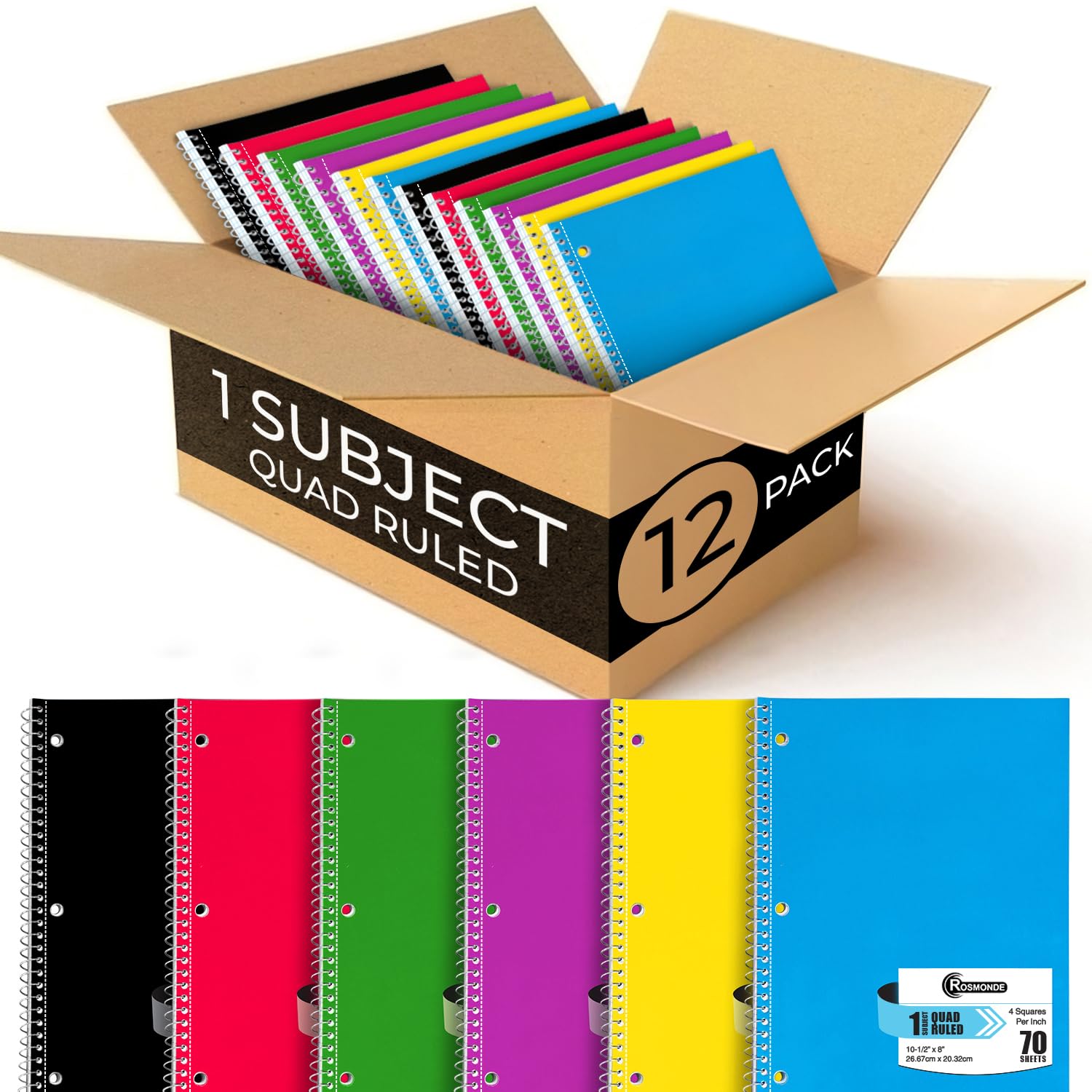 1 Subject Graph Paper Spiral Notebook, 12 Pack - 70 Sheets (140 Pages), 8 x 10.5 Inch, 4x4 Grid, 3 Hole Punched - Bulk Quad Ruled Notebooks for School, Office & College Note Taking - Perfect for Math, Engineering & Science Students