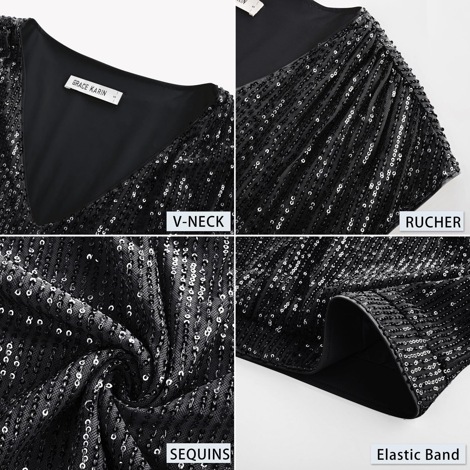 GRACE KARIN Women's V Neck Sequin Short Sleeve Sparkly Tank Top - Stretchy Elastic Party Top for Night Out, Club, Wedding & Special Occasions