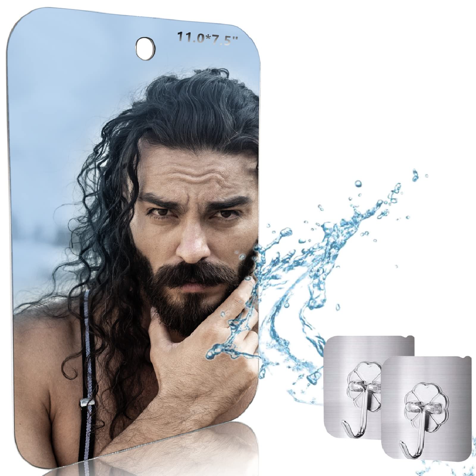 Kinsei Fogless Shower Mirror - Large 11x7.48 Inch Anti-Fog Bathroom Mirror with 2 Adhesive Hooks - Lightweight Frameless Shaving Mirror for Men & Women - Perfect for Shaving, Makeup & Skincare in Humid Bathrooms