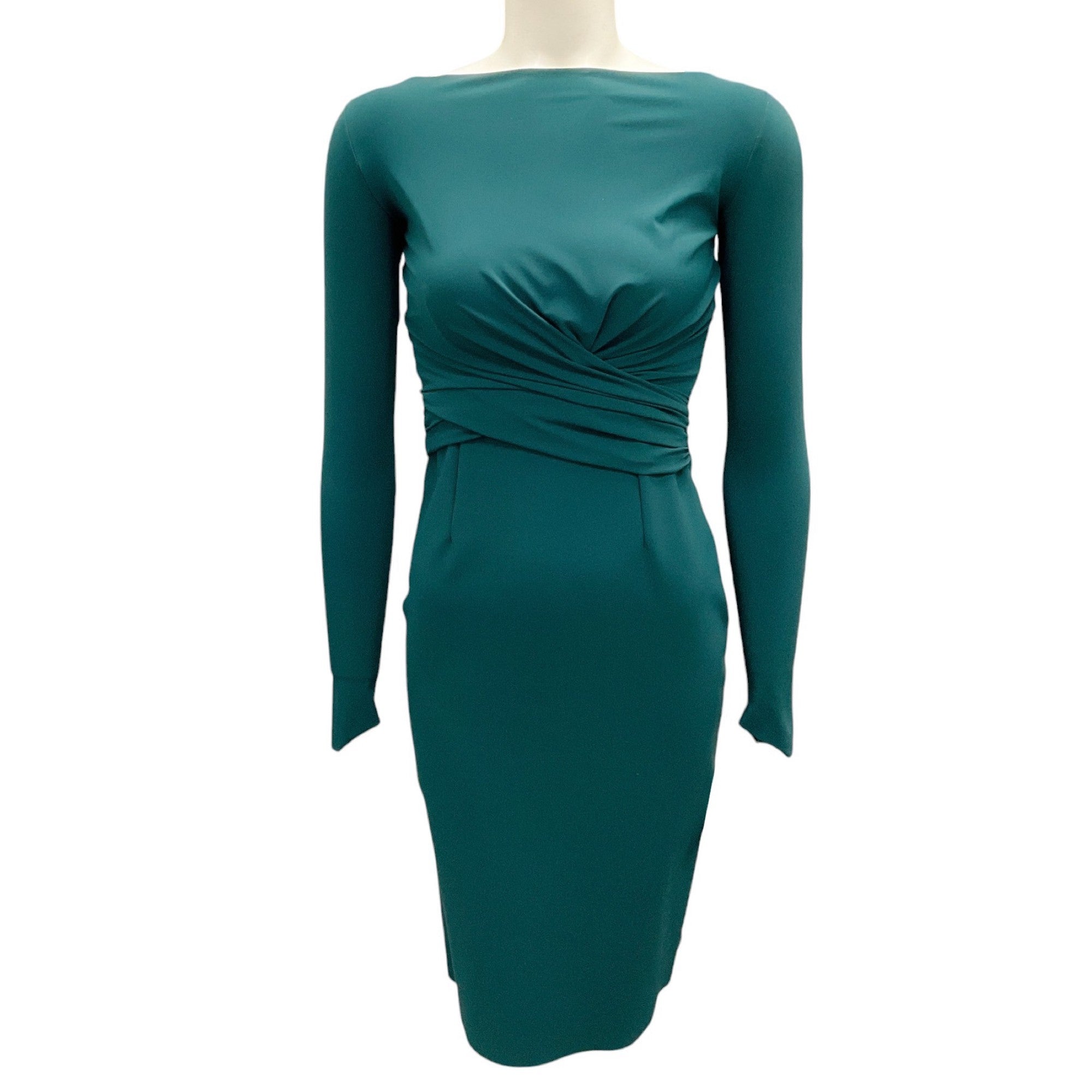 Chiara Boni La Petite Robe Green Ruched Long Sleeve Dress for Women | Elegant Bodycon Midi Dress | Perfect for Cocktail Parties, Weddings & Special Occasions