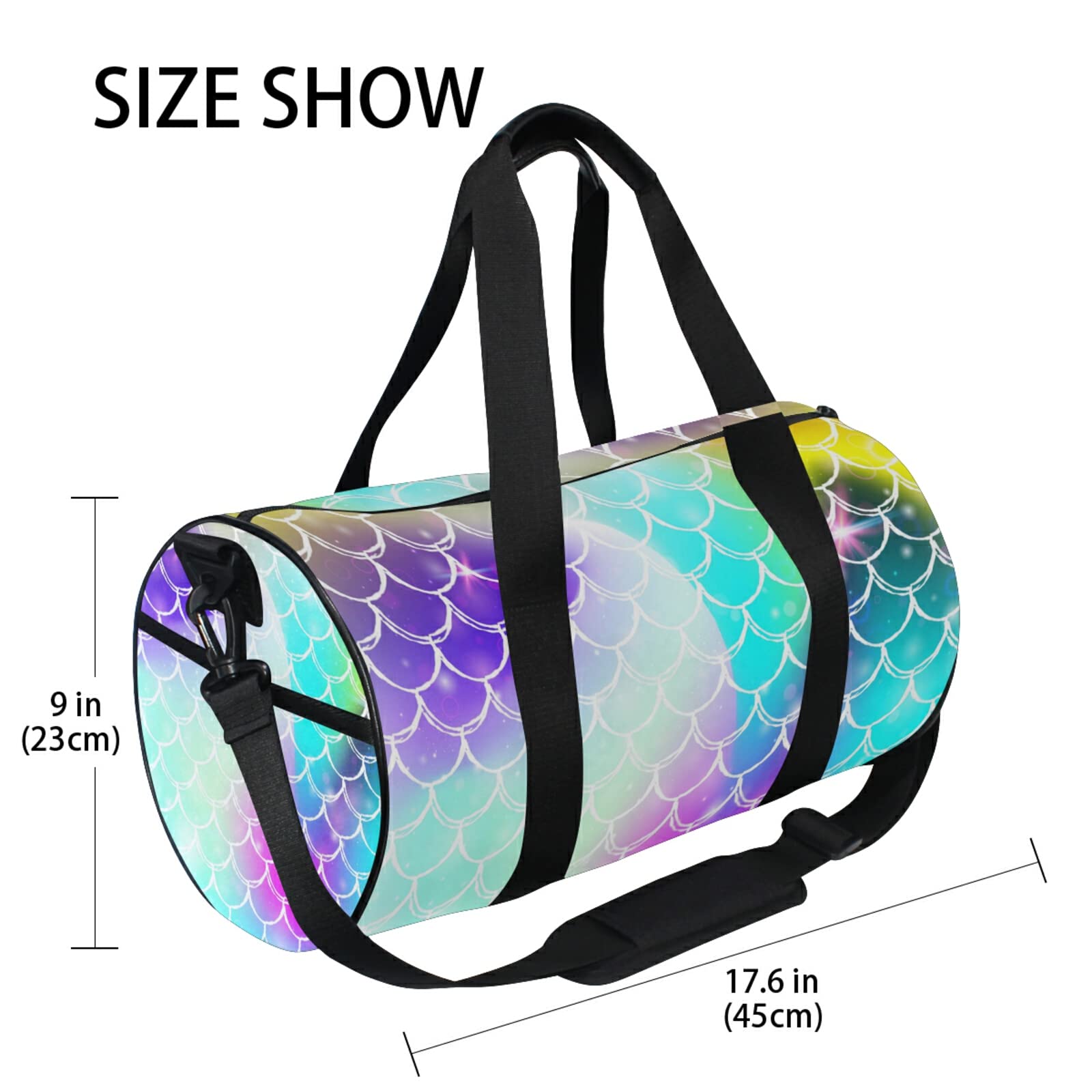 Cute Mermaid Rainbow Scales Duffel Bag - Waterproof Canvas Travel Gym Bag for Women, Sports, Beach & Overnight Trips - Perfect for Workout, Yoga, Swimming & Vacation