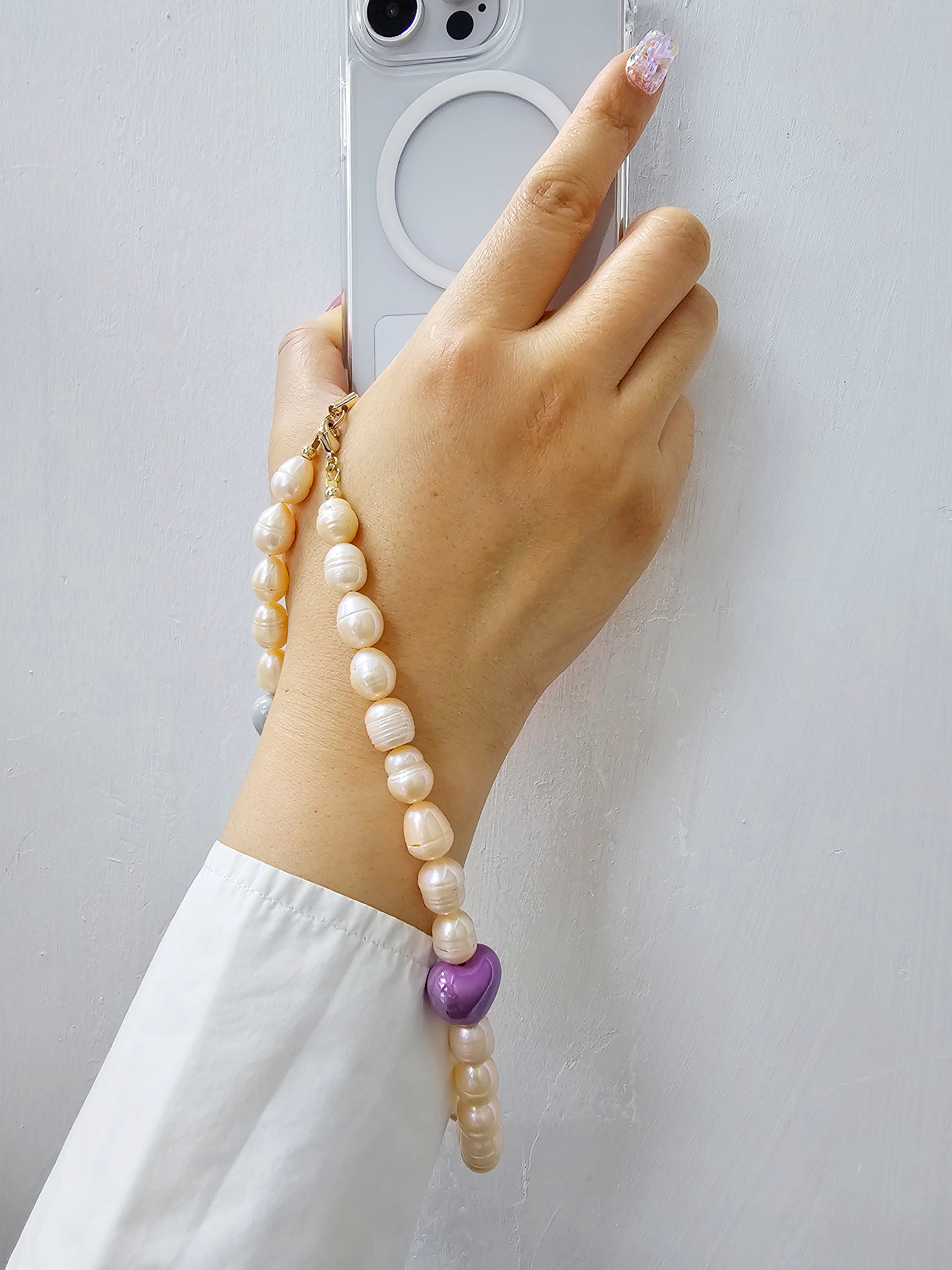 Orange Freshwater Pearl Heart Phone Strap - Elegant & Durable Charm for Smartphones - Perfect Gift for Women, Girls, and Jewelry Lovers | Use for Phones, Keys, Bags, and Accessories