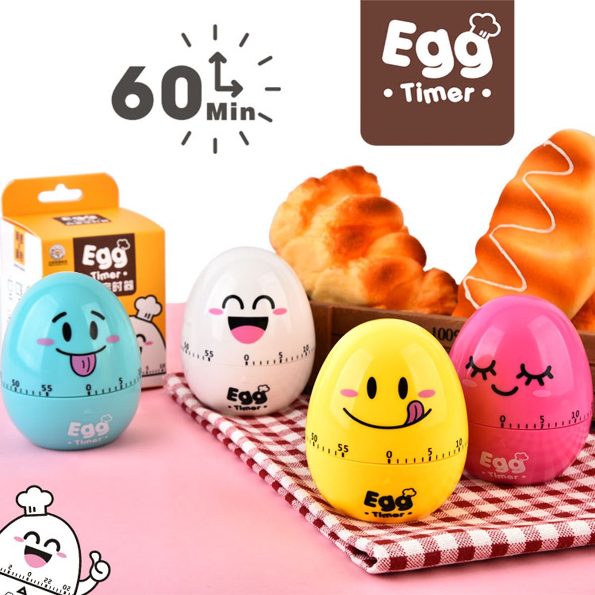 60 Minute White Funny Mechanical Kitchen Egg Timer - Perfect for Cooking, Baking, Kids & Home Use | Cute Countdown Timer for Eggs, Pasta, Baking Recipes & More