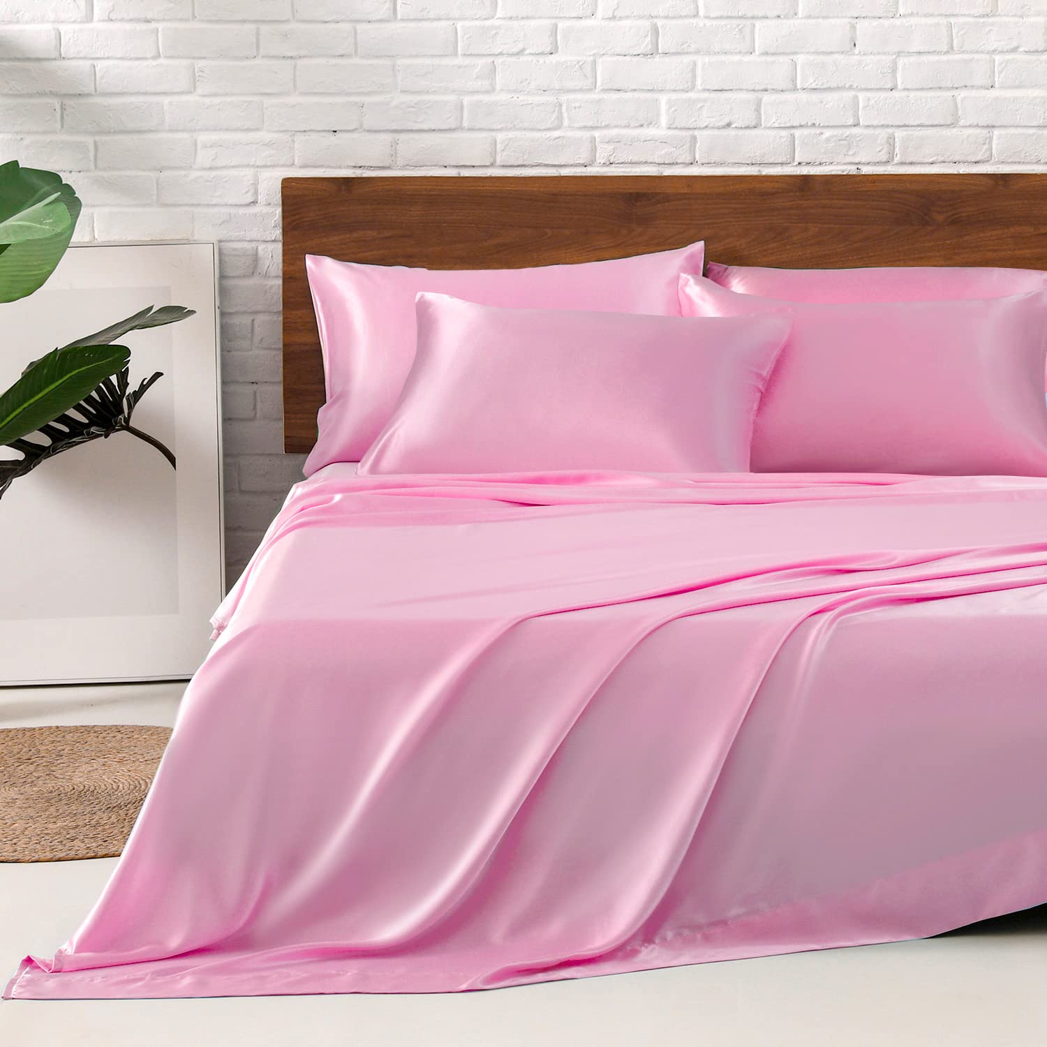 MR&HM Satin King Size Bed Sheets Set - 6 Piece Silky Soft Bedding with 15