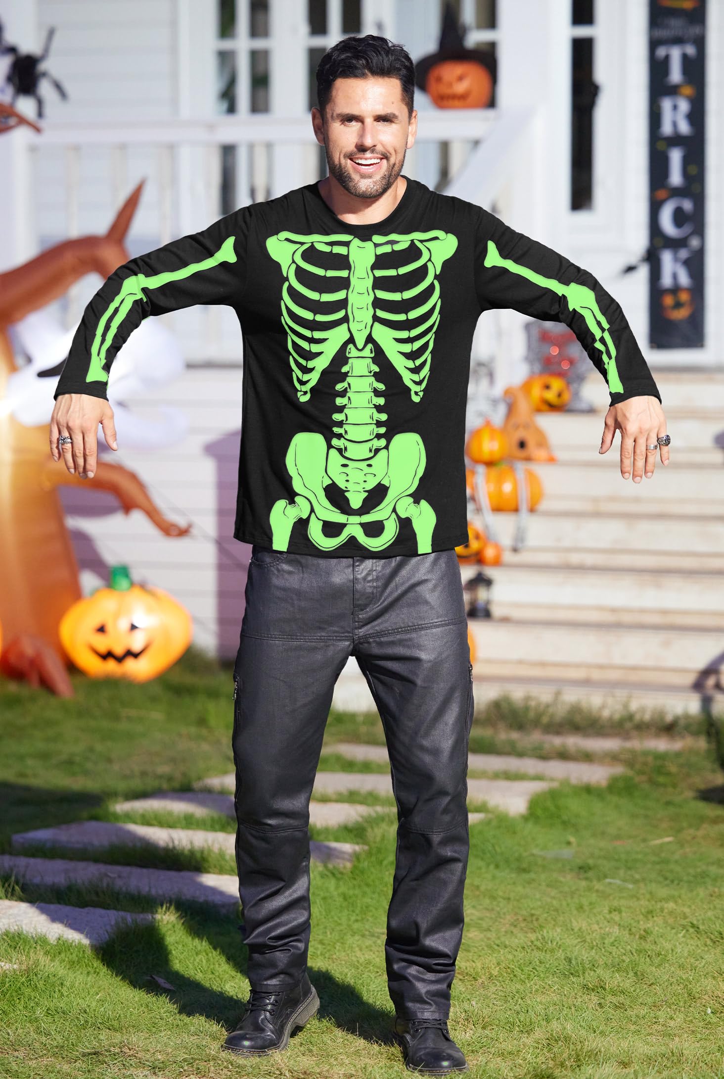 Arvilhill Men's Halloween T-Shirt - Jack O' Lantern Skeleton Design Long Sleeve Shirt | Glow in The Dark | Sizes S-3XL | Perfect for Halloween Parties, Costume Events & Spooky Night Outfits