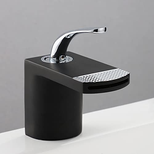 XXZY Bathroom Sink Faucet - Brass Waterfall Basin Faucet with Single Handle, Deck Mounted 1 Hole Design - Hot & Cold Water Mixer Tap in Black Chrome Finish - Perfect for Modern Bathrooms and Vanities