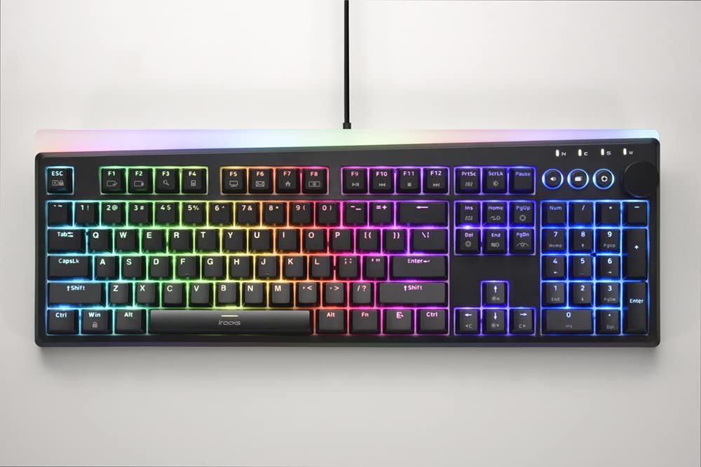 i-rocks K71M RGB Mechanical Gaming Keyboard with Media Control Knob - Gateron Blue Switches, 107 Keys, Full NKRO, PBT Keycaps, Detachable USB-C - Perfect for PC Gaming, Office Work & Streaming (Black)