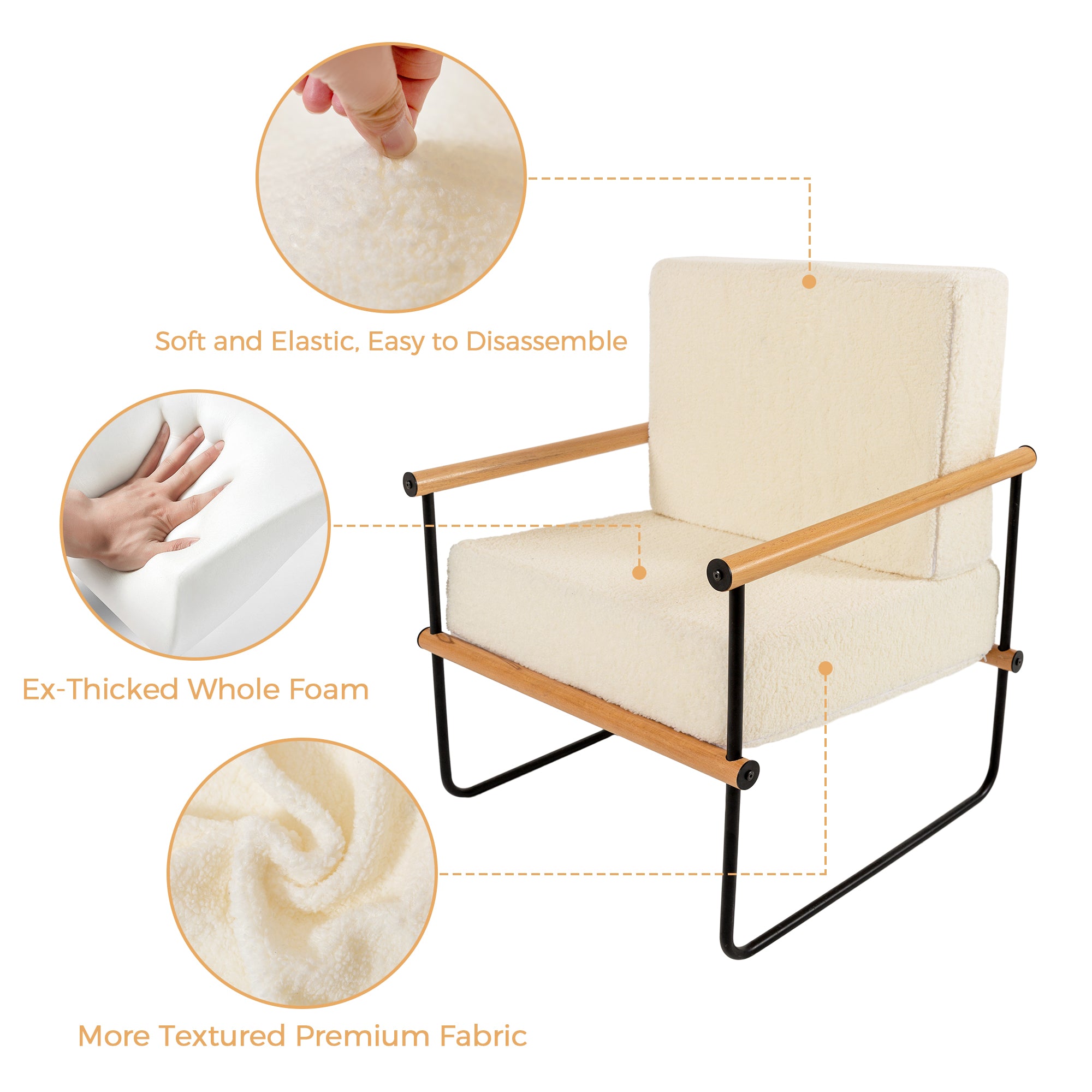 MAXYOYO White Framed Upholstered Armchair - Modern Metal & Wood Accent Chair with Thick Cushioning | Perfect for Living Room, Bedroom, or Office Decor
