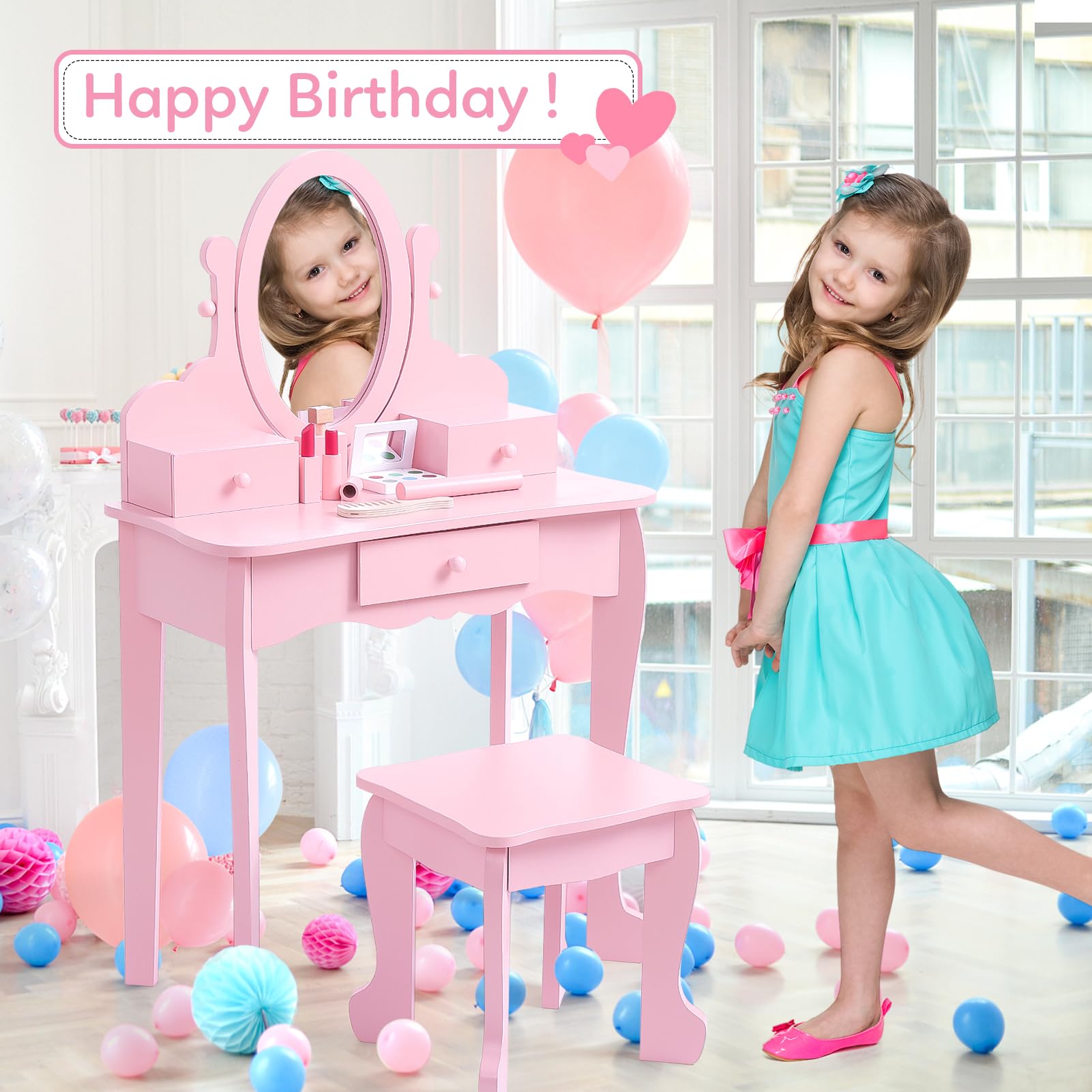 Pink Wooden Kids Vanity Set with Mirror, Makeup Table & Stool for Girls Ages 4-9 | Pretend Play Dress Up Station | Birthday Gift for Little Princess | Perfect for Bedroom Decor & Role Play Games