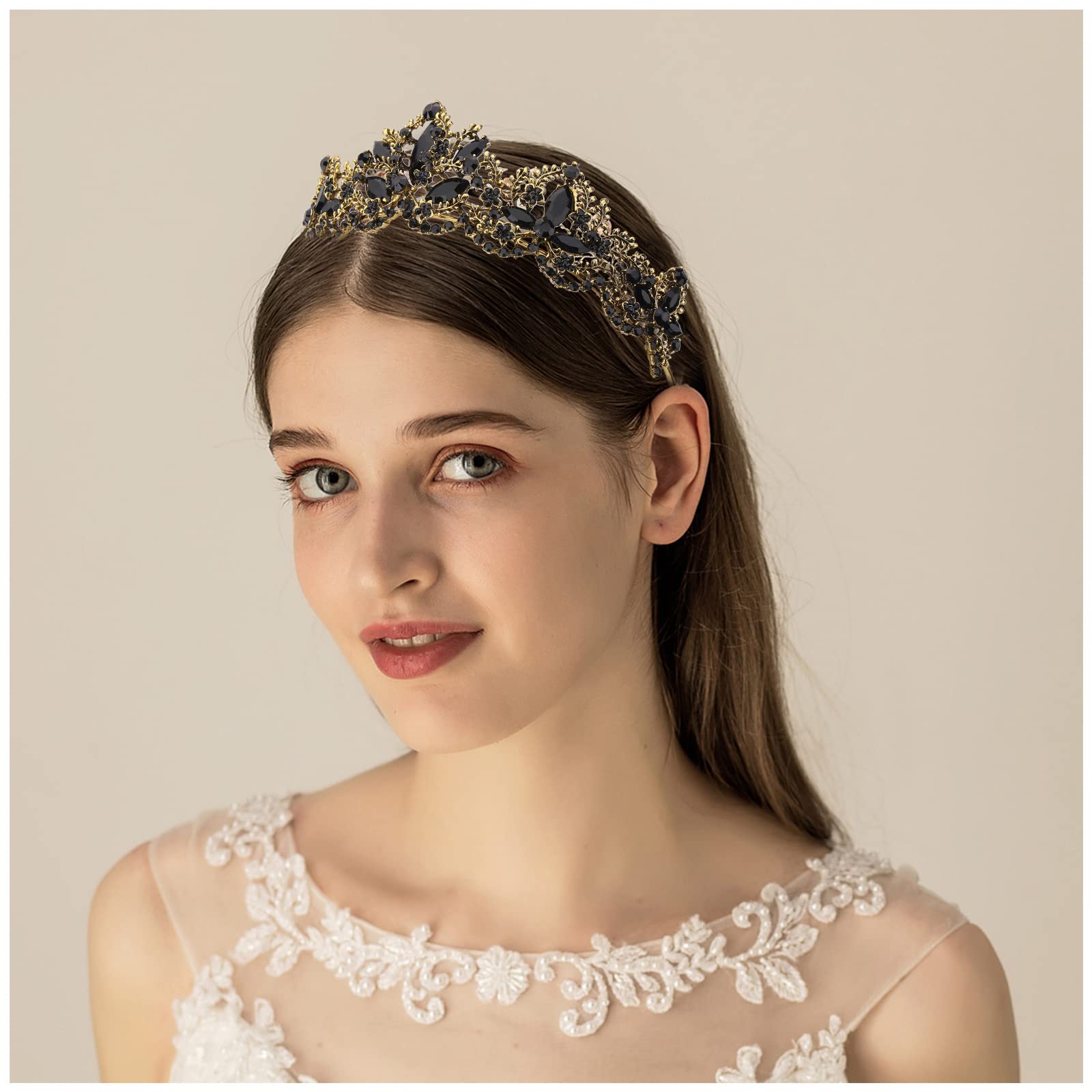 Elegant Black Tiara with Gold Crown for Women & Girls - Crystal Rhinestone Headband for Wedding, Birthday, Prom, Bridal Party | Perfect for Halloween Costume & Christmas Gift - Princess Party Accessory