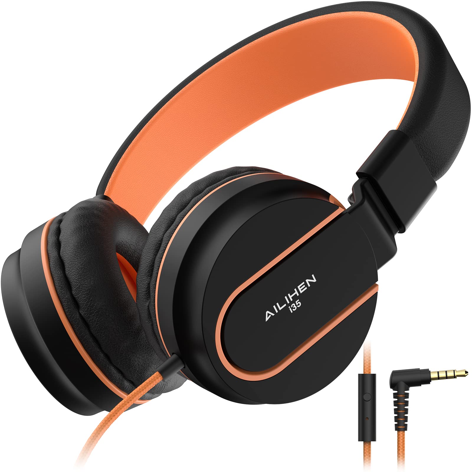 AILIHEN I35 Kids Headphones with Microphone - Volume Limited to 93dB Safe Listening, Lightweight Foldable Wired Headset for Children, Girls & Boys - Perfect for School, Online Classes, Chromebook, Tablets & Cellphones (Black/Orange) - Ideal for Distance Learning & Home Study