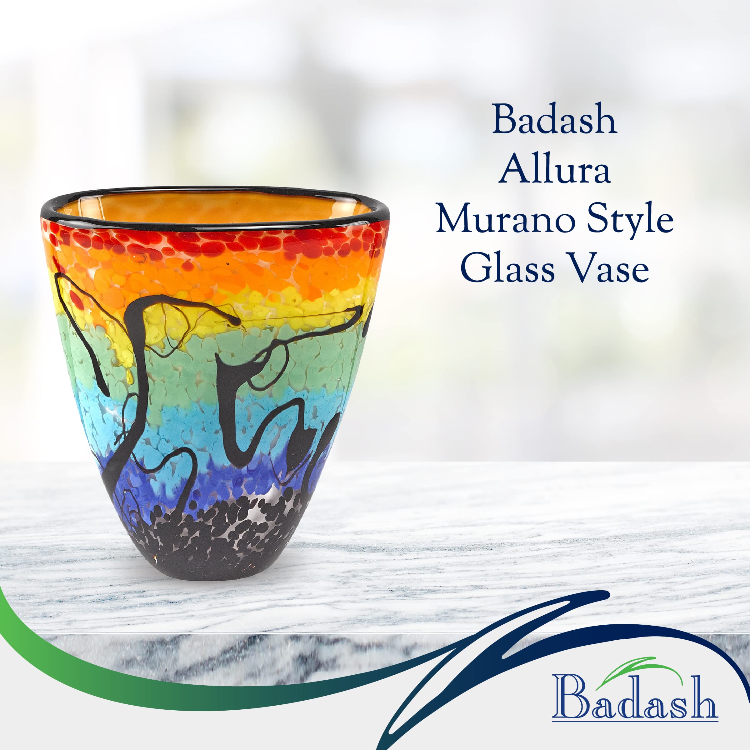 Badash Allura Murano-Style Glass Vase - 7 Inch Tall Handcrafted Mouth-Blown Oval Art Glass Vase for Home Decor - Elegant Centerpiece for Dining Table, Wedding Decor, and Luxury Gift Idea