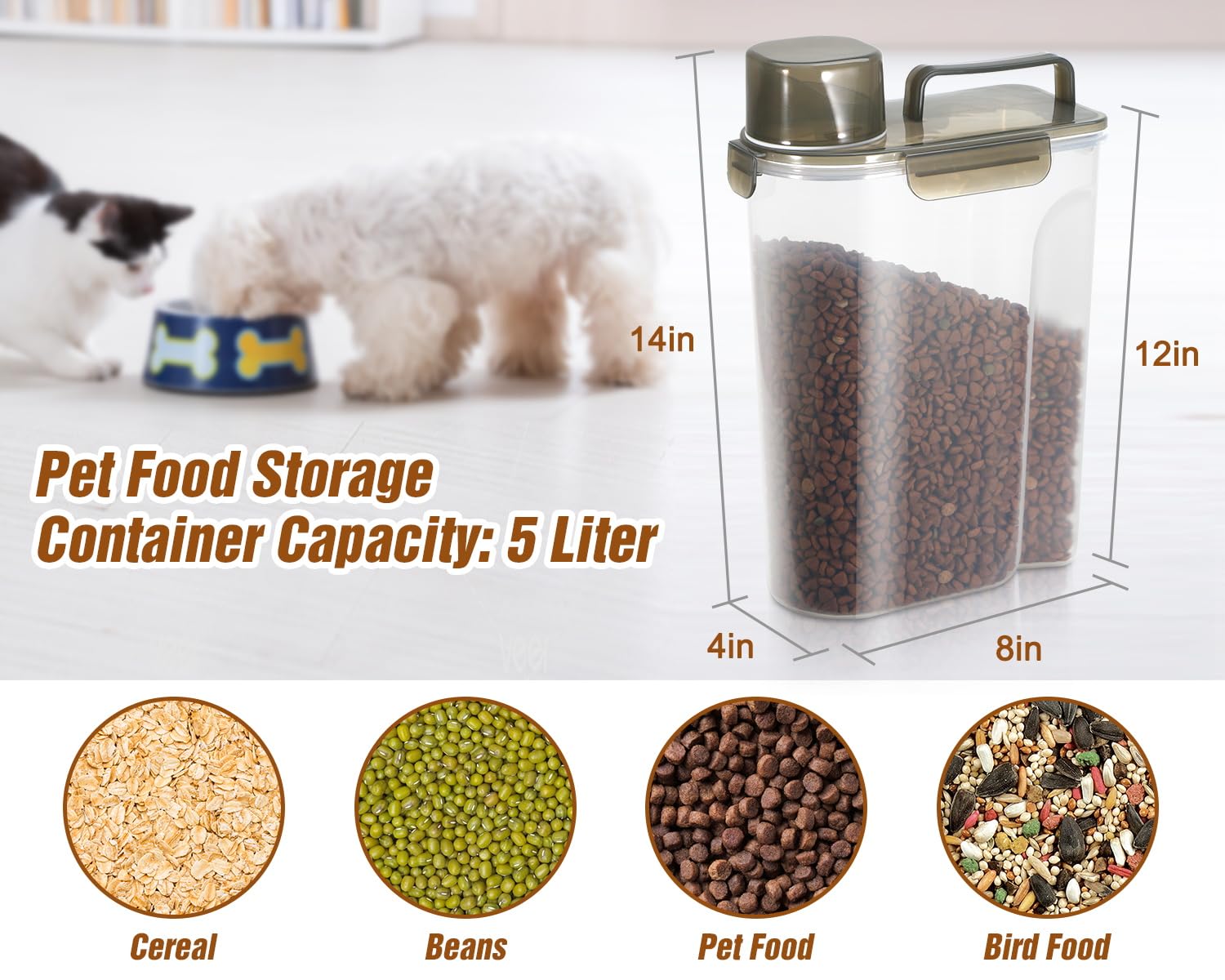 TBMax Large Airtight Pet Food Storage Container with Measuring Cup - 50Lbs Dog Food Dispenser, Cat & Small Animal Kibble Organizer, Bird Seed Container - Ideal for Home, Travel & Outdoor Use