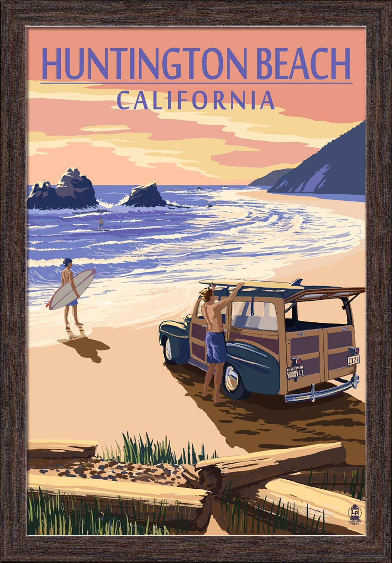 16x24 Giclee Fine Art Print - Huntington Beach California Landscape with Woody on Beach in Recycled Wood Frame (Espresso Brown) - Perfect for Coastal Home Decor, Beach House Wall Art & California Themed Gifts