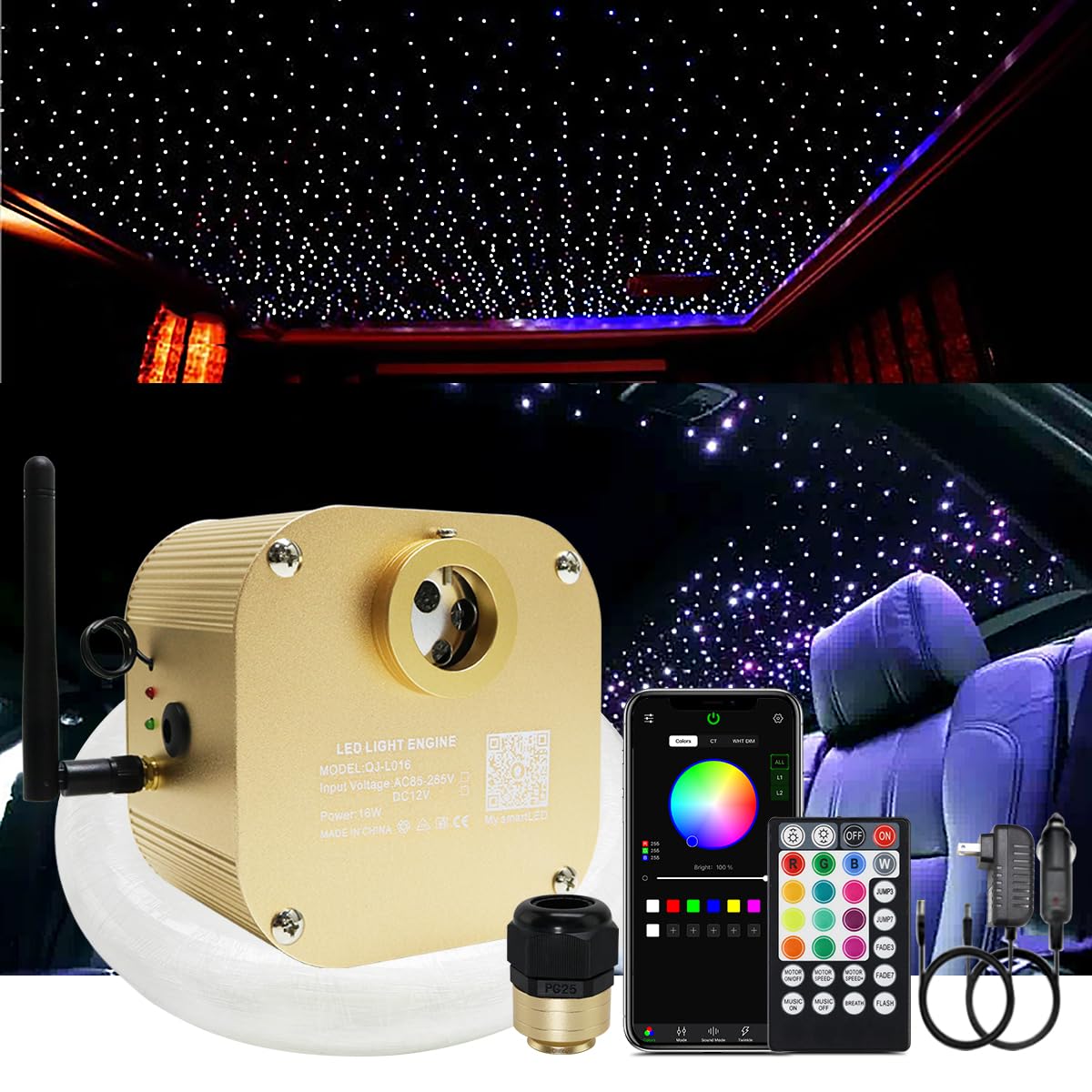 AKEPO 16W RGBW Twinkle Fiber Optic Lights with Music Sync & APP Control - Star Ceiling Light Kit for Car, Home & Bedroom - 550pcs 13.1ft/4m 0.75mm Optical Fiber Cable with LED Driver & Remote - Perfect for DIY Home Decor, Car Interior Lighting & Romantic Ambiance