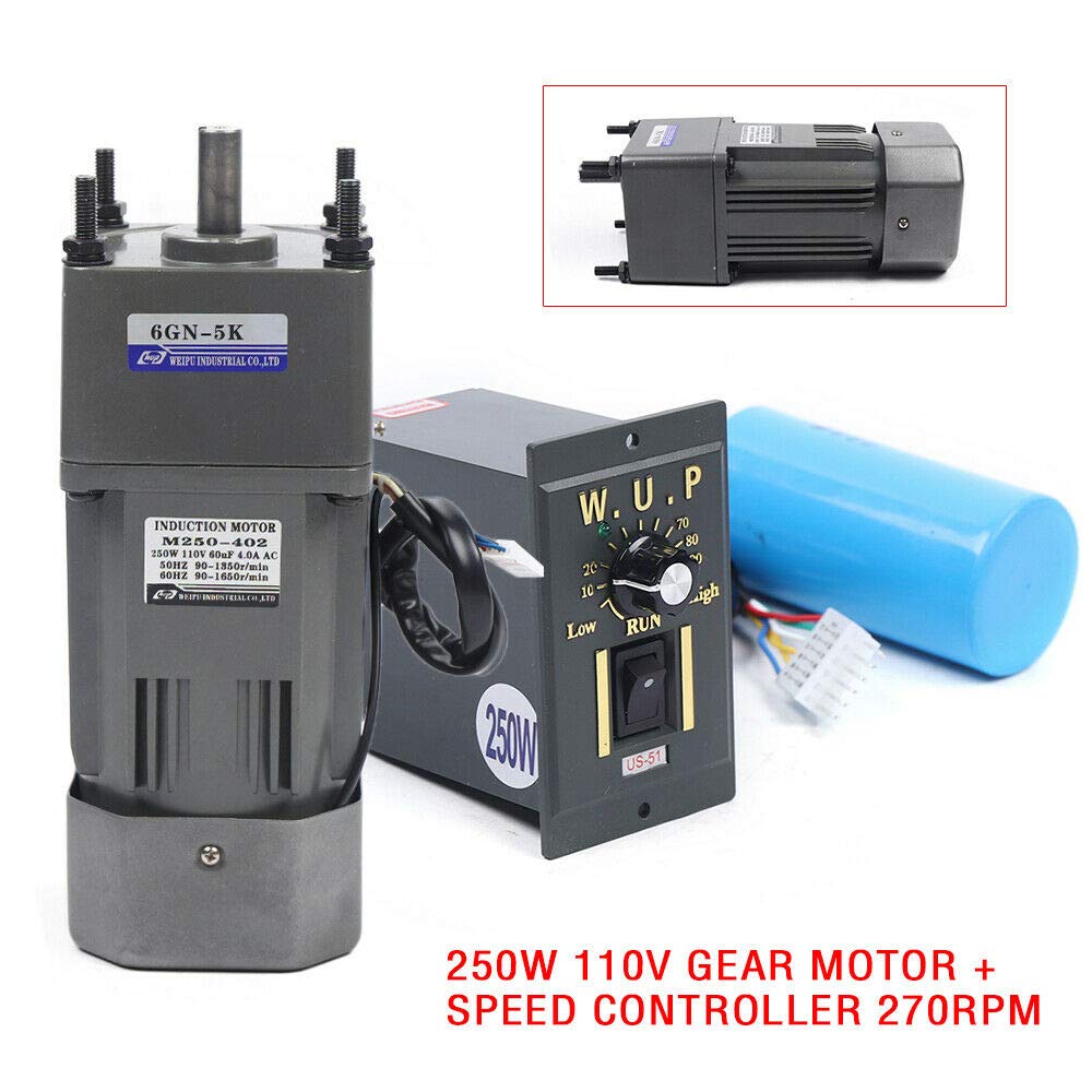 110V 250W AC Gear Motor - Single Phase Electric Motor with Variable Speed Controller (0-270 RPM) | 1:5 Reduction Ratio | Perfect for Conveyor Belts, Mixers & Industrial Machinery