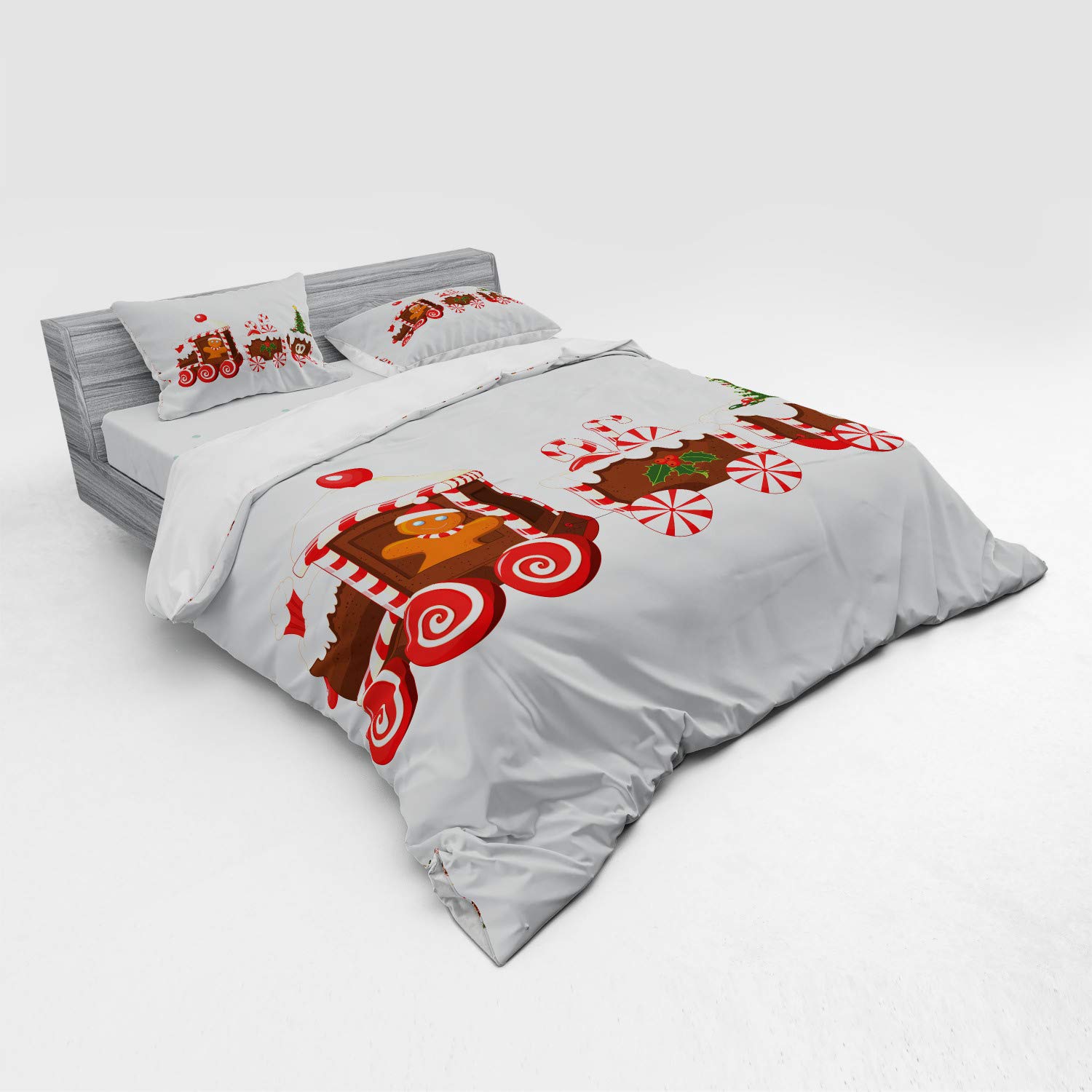 Ambesonne Christmas Train Gingerbread Candy Cartoon Bedding Set - 4 Piece Duvet Cover with Shams & Fitted Sheet, King Size, White Brown Red - Holiday Home Decor for Bedroom, Guest Room & Christmas Themed Parties