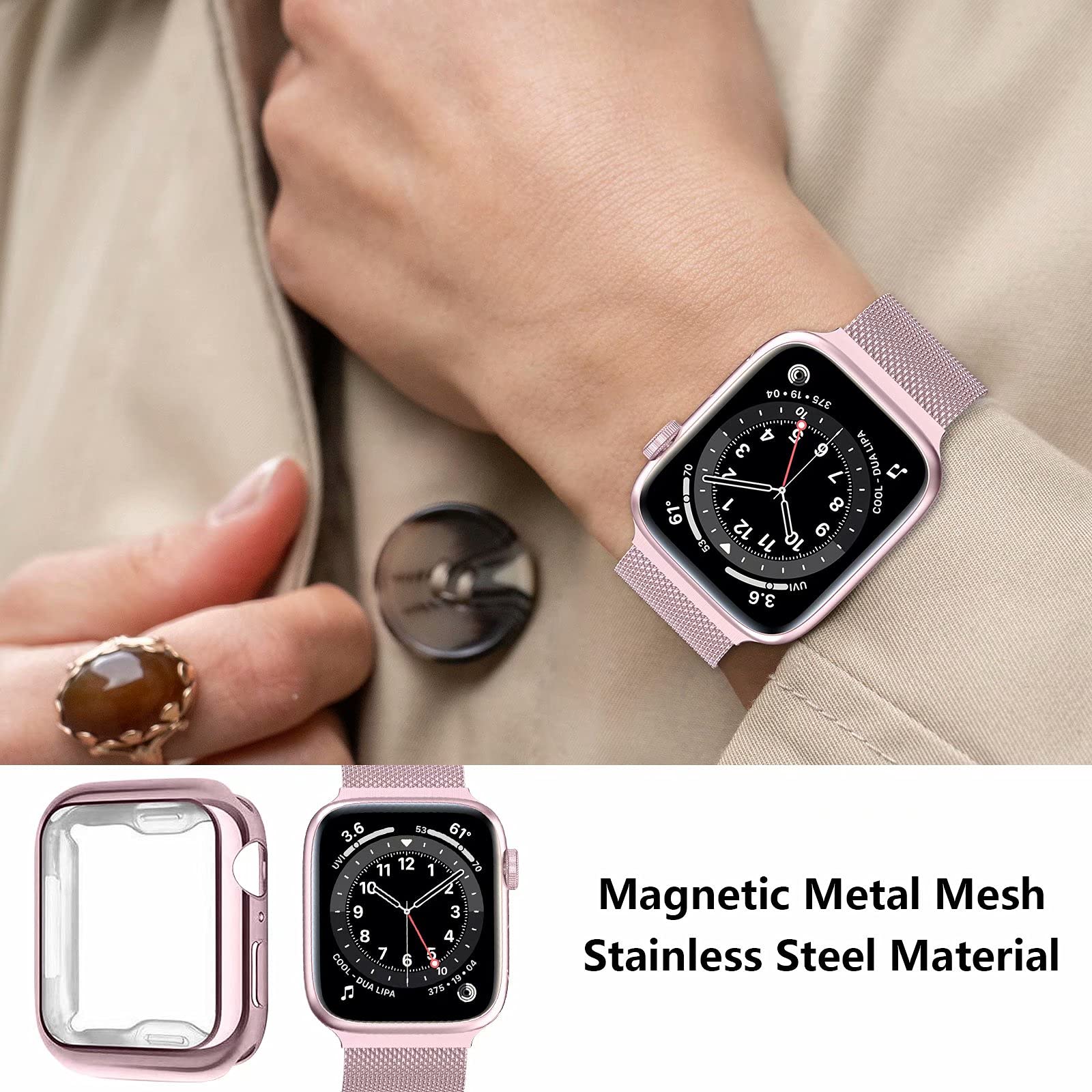Premium Stainless Steel Band for Apple Watch 38/40/41/42/44/45mm - Magnetic Strap Compatible with iWatch Series 9/8/7/6/5/4/SE/3/2/1 - Includes Screen Protector Case - Perfect for Workouts, Office & Everyday Wear (Men & Women)