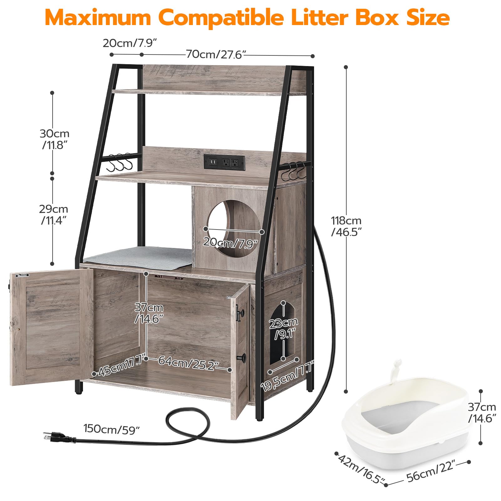 HOOBRO Cat Litter Box Enclosure with 2 Storage Shelves & Charging Station - Hidden Tall Cat Furniture with Plush Mat, Greige BG70UMW01 - Perfect for Small Spaces & Multi-Cat Homes, Stylish Indoor Cat Litter Solution for Apartments