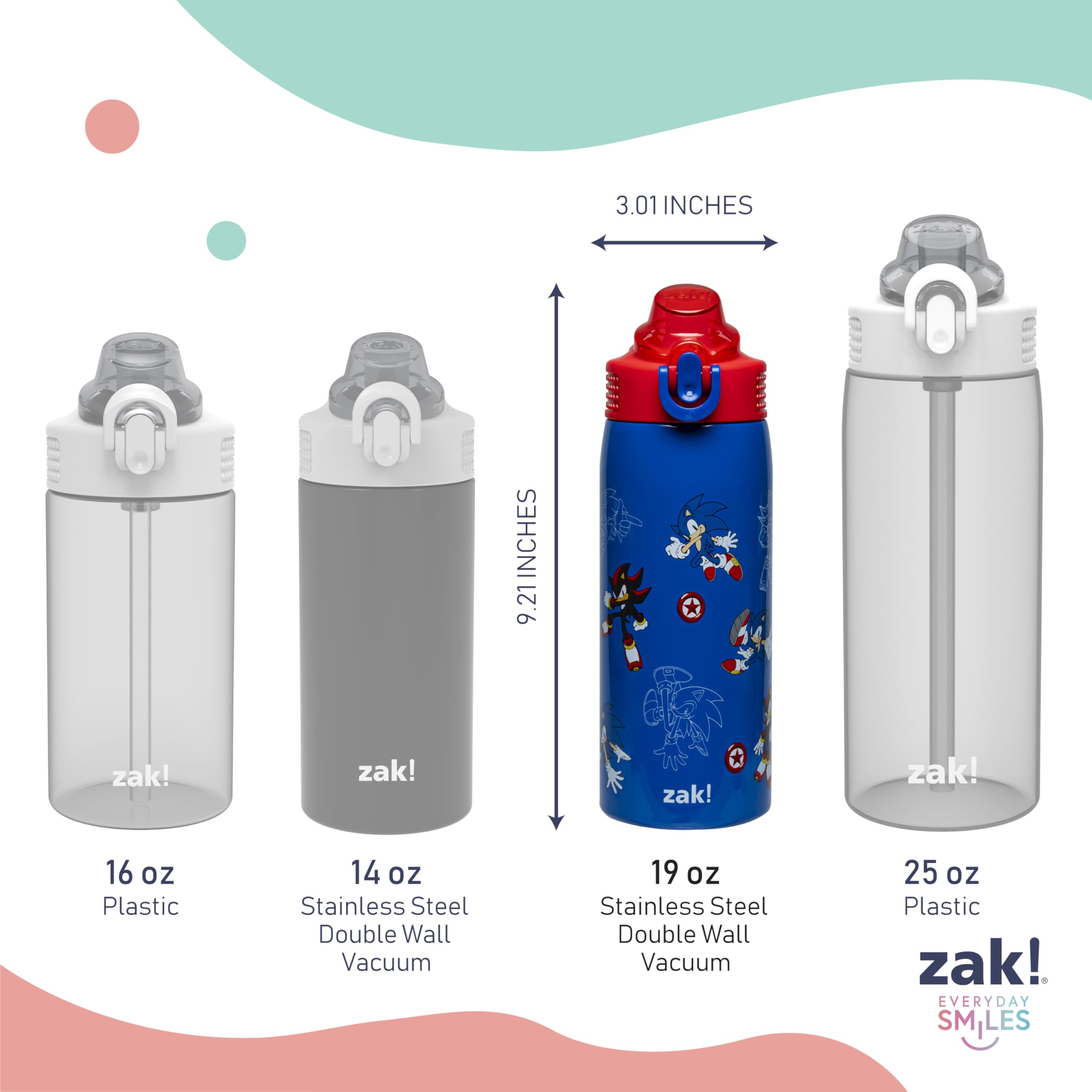 Sonic the Hedgehog Kids Water Bottle 19oz Stainless Steel with Straw - Leak Proof Insulated Water Bottle for School, Travel & Sports | Sonic & Shadow Design | Handle & Pop-Up Spout Cover