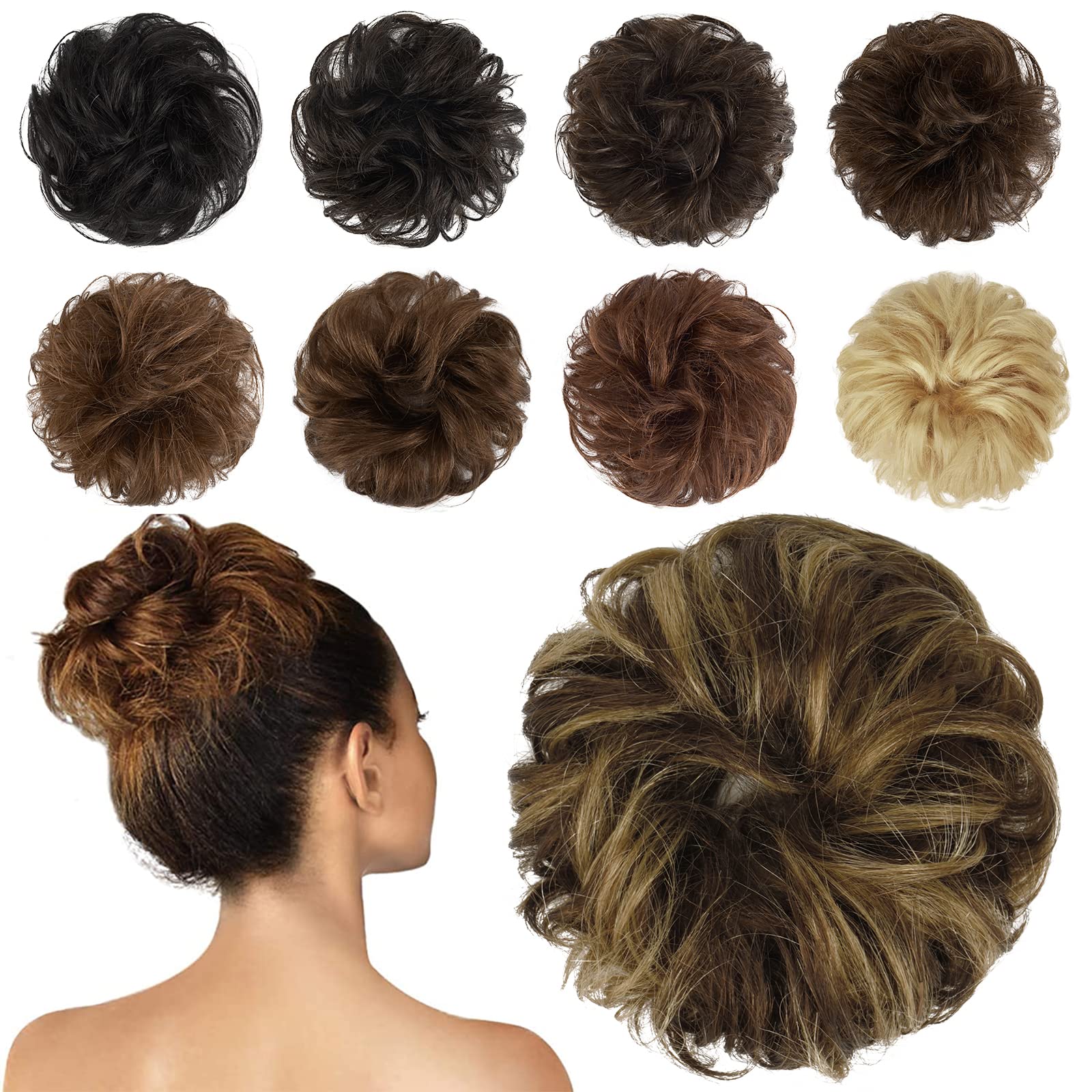 100% Human Hair Messy Bun Extensions - Real Hair Scrunchies & Ponytail Extensions for Women | Wavy Tousled Updo Chignon Hairpiece (Brown Mixed Blonde) | Perfect for Weddings, Parties & Everyday Styling