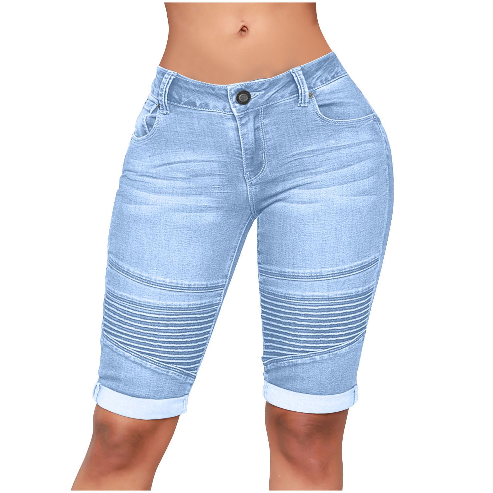 Stretchy Denim Shorts for Women - High Waisted Summer Casual Shorts with Folded Hem, Comfortable Knee Length Bermuda Shorts | Perfect for Beach, Vacation & Everyday Wear