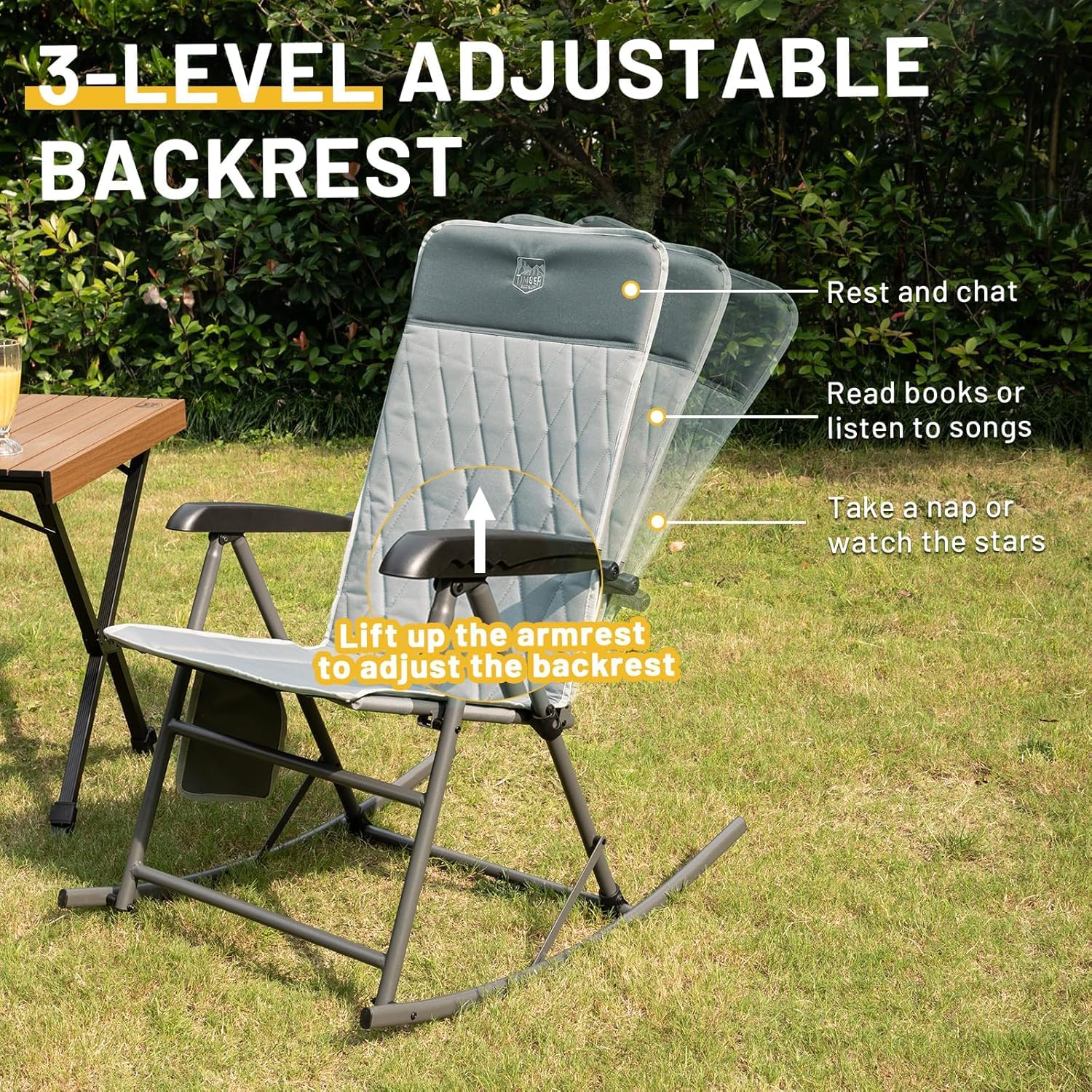 TIMBER RIDGE Adjustable Rocking Camping Chair - Padded High Back Outdoor Rocker with Side Pocket, Portable Folding Chair for Adults Supports 300 lbs - Perfect for Lawn, Patio, Porch, Beach & Backyard Relaxation (Grey, 1 Pack)