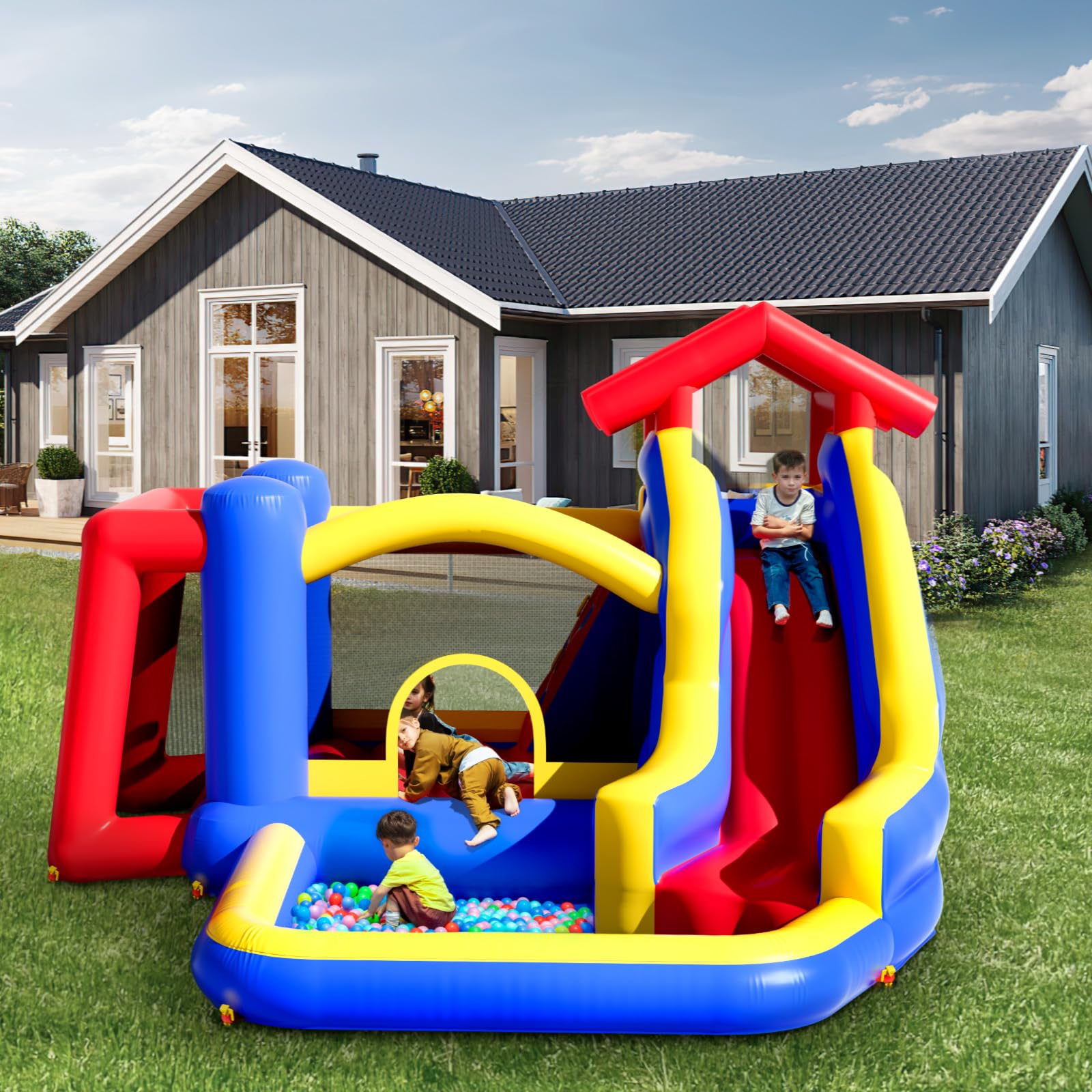 VEVOR Kids Bounce House with Slide - 131x133x91 Inch Inflatable Jumping Castle for Indoor/Outdoor Play - Includes Blower & Storage Bag - Perfect for Birthday Parties, Backyard Fun (Ages 3-8)