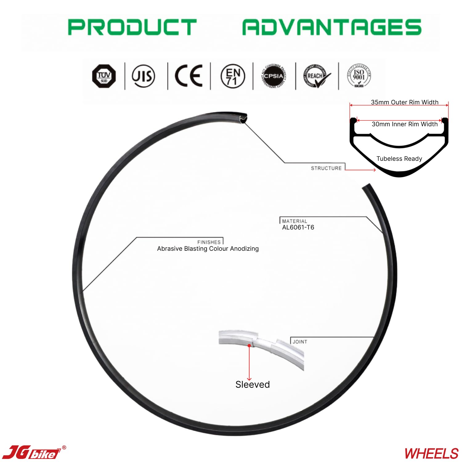 JGbike M30 29er Mountain Bike Wheelset - 32H 57T 114POE Disc Brake Compatible, Tubeless Ready with Presta Valve - Perfect for Trail Riding & Enduro Racing