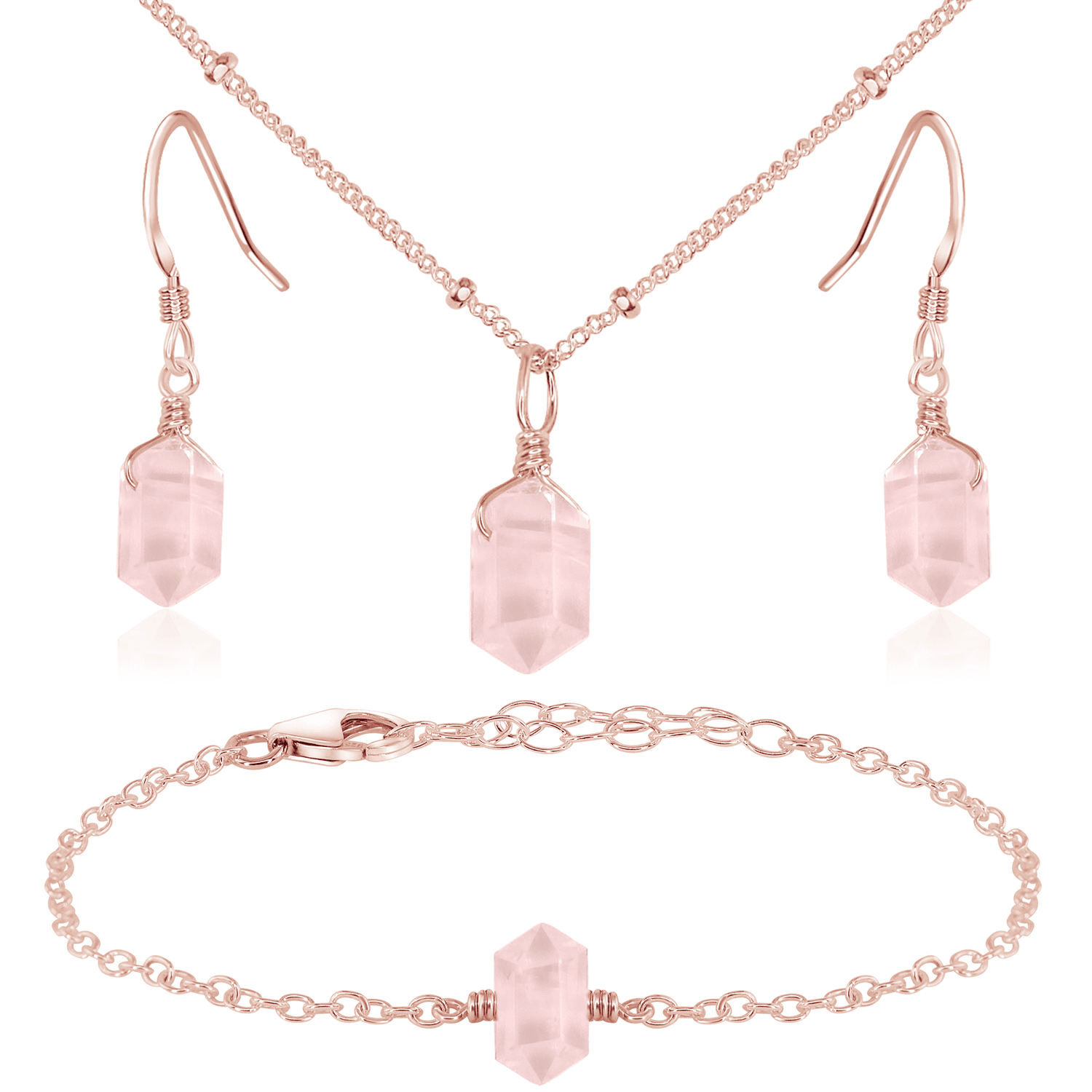 Rose Quartz Double Terminated Crystal Jewelry Set - Healing Stone Necklace & Earrings for Women - Perfect for Meditation, Energy Healing & Spiritual Gifts