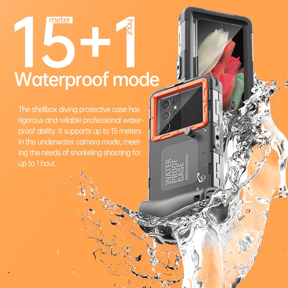 Waterproof Phone Case for iPhone 16/15/14/13/12/11 Pro Max & Samsung Galaxy S25/S24/S23/S22 - 50ft/15m Deep Underwater Diving Protection - Scuba Snorkeling Swimming Case with Camera Access (Black/Orange) - Perfect for Beach Vacations, Pool Parties & Underwater Photography