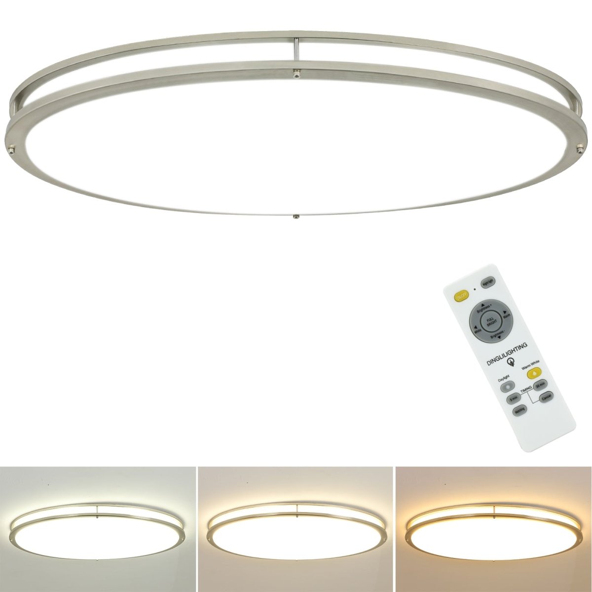 32-Inch Oval LED Ceiling Light Fixture - 65W Dimmable Flush Mount with Remote Control - 3000K/4000K/5000K Adjustable Color Temperature - Brushed Nickel Finish - Perfect for Bedroom, Living Room & Dining Room Lighting