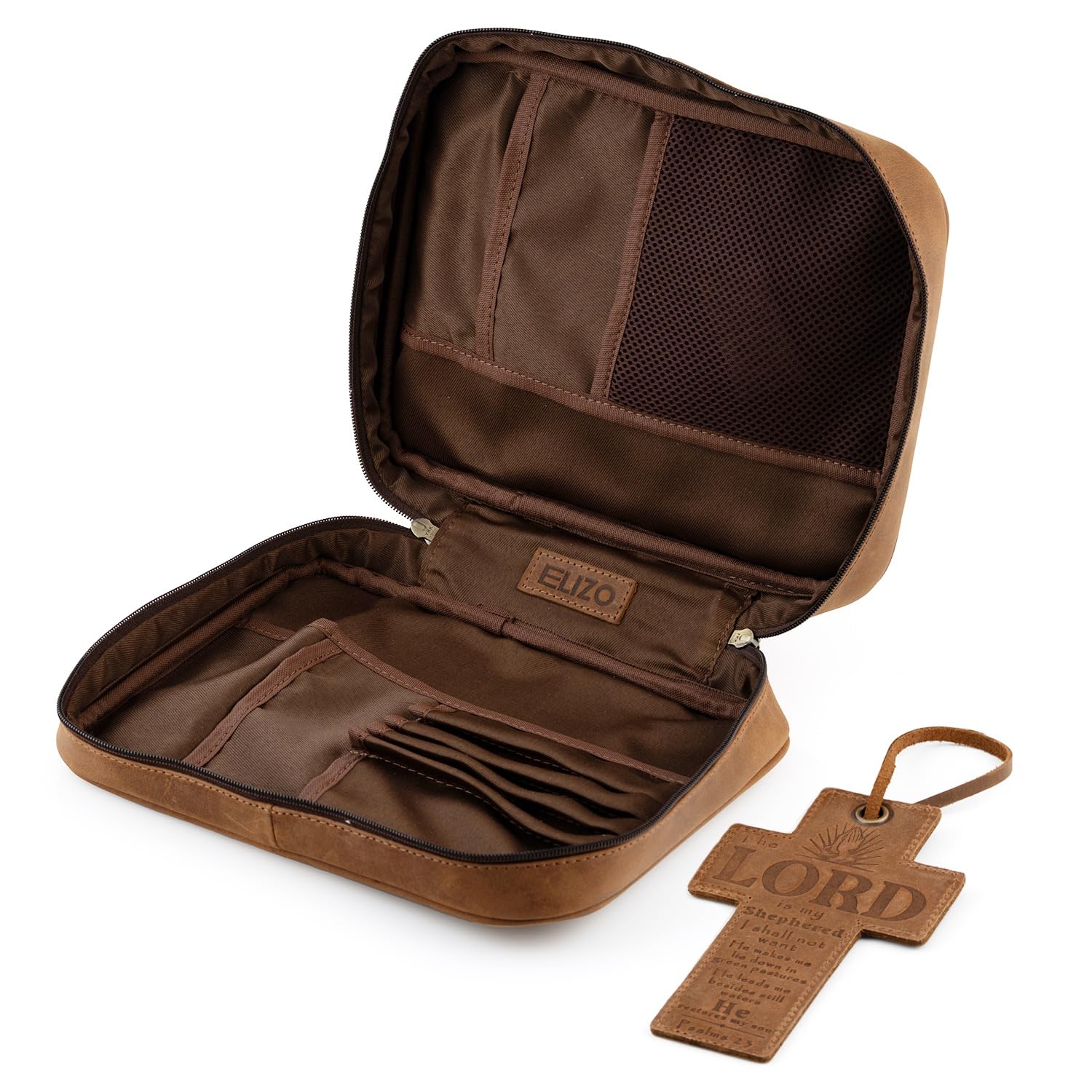 ELIZO Genuine Leather Bible Cover for Men & Women - Large Zippered Book Cover with Bookmark - Church Bag & Religious Gift for Bible Study, Travel & Worship