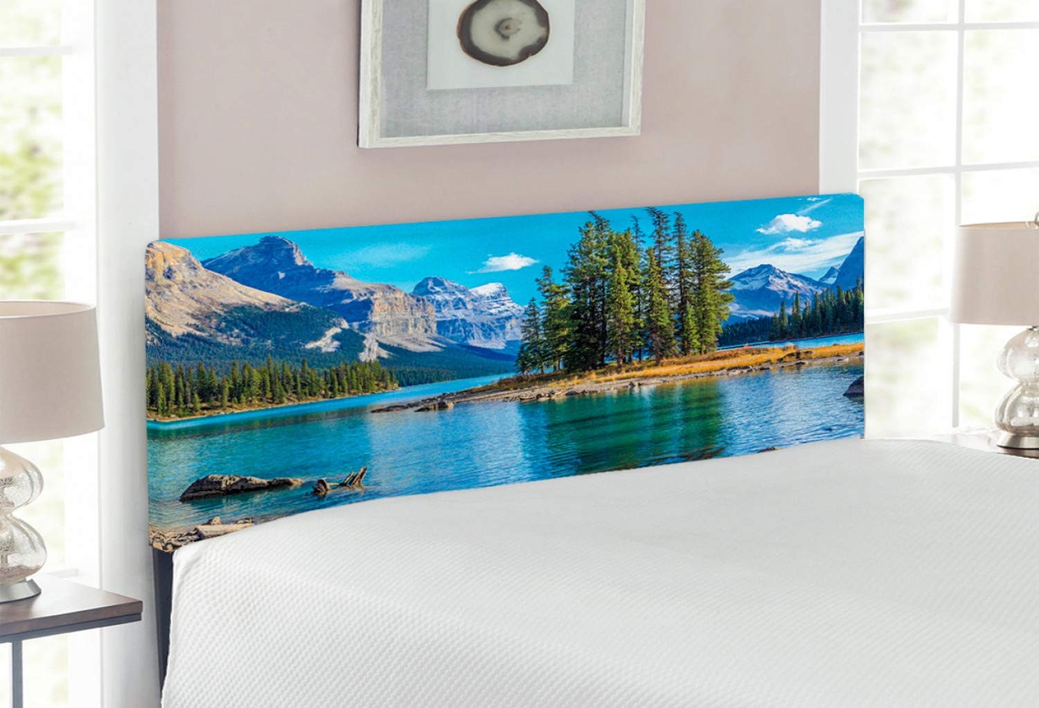 Lunarable Full Size Upholstered Metal Bed Headboard with Memory Foam - Scenic Canadian Landscape of Spirit Island & Maligne Lake in Summer Mountains, Blue Green - Perfect for Bedroom Decor & Cozy Reading Nook