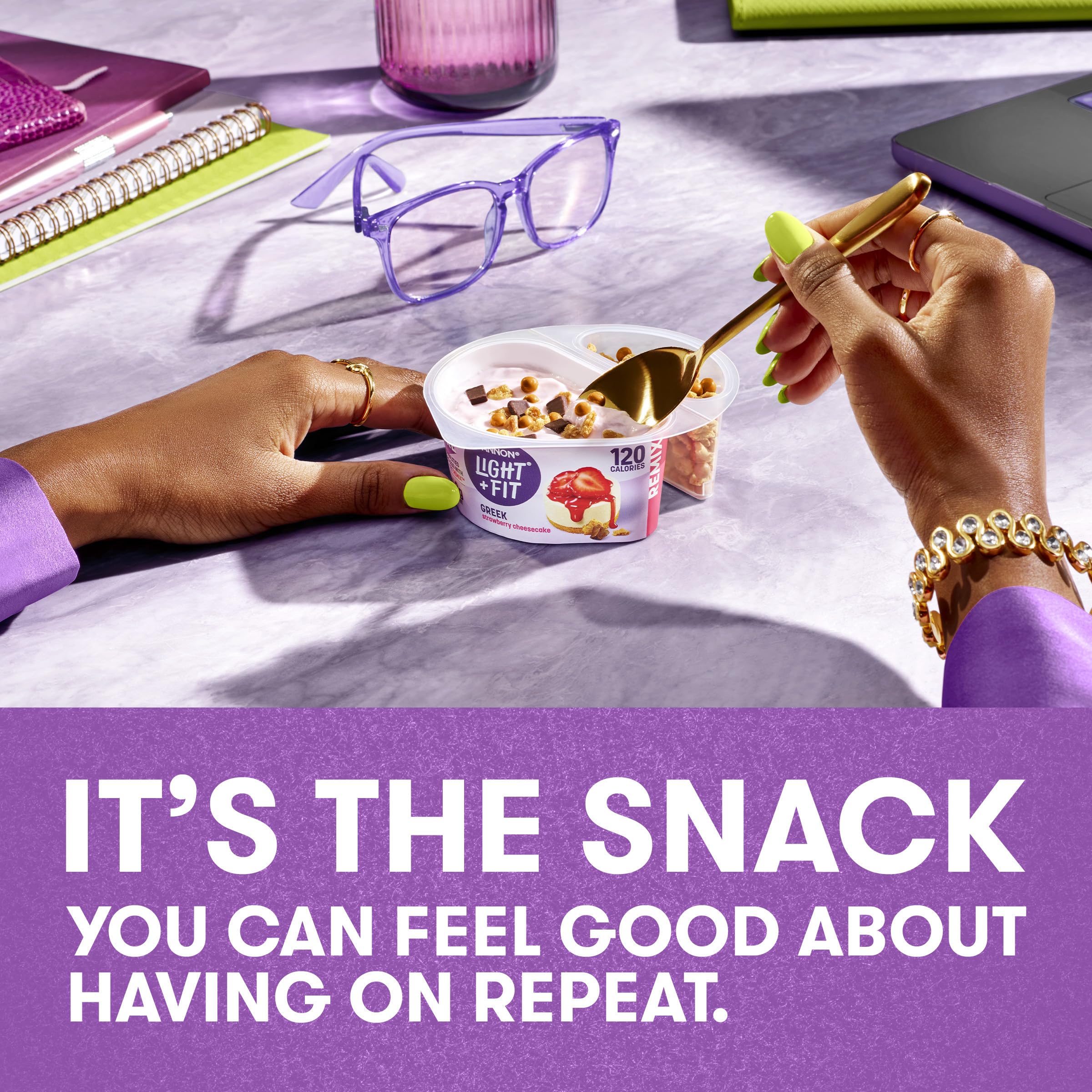 Light + Fit Nonfat Greek Yogurt with Strawberry Cheesecake Flavor, Graham Cookies, Caramel Pearls & Dark Chocolate Mix-Ins - 4.5oz Cups | High-Protein Snack for Breakfast, Office or Post-Workout