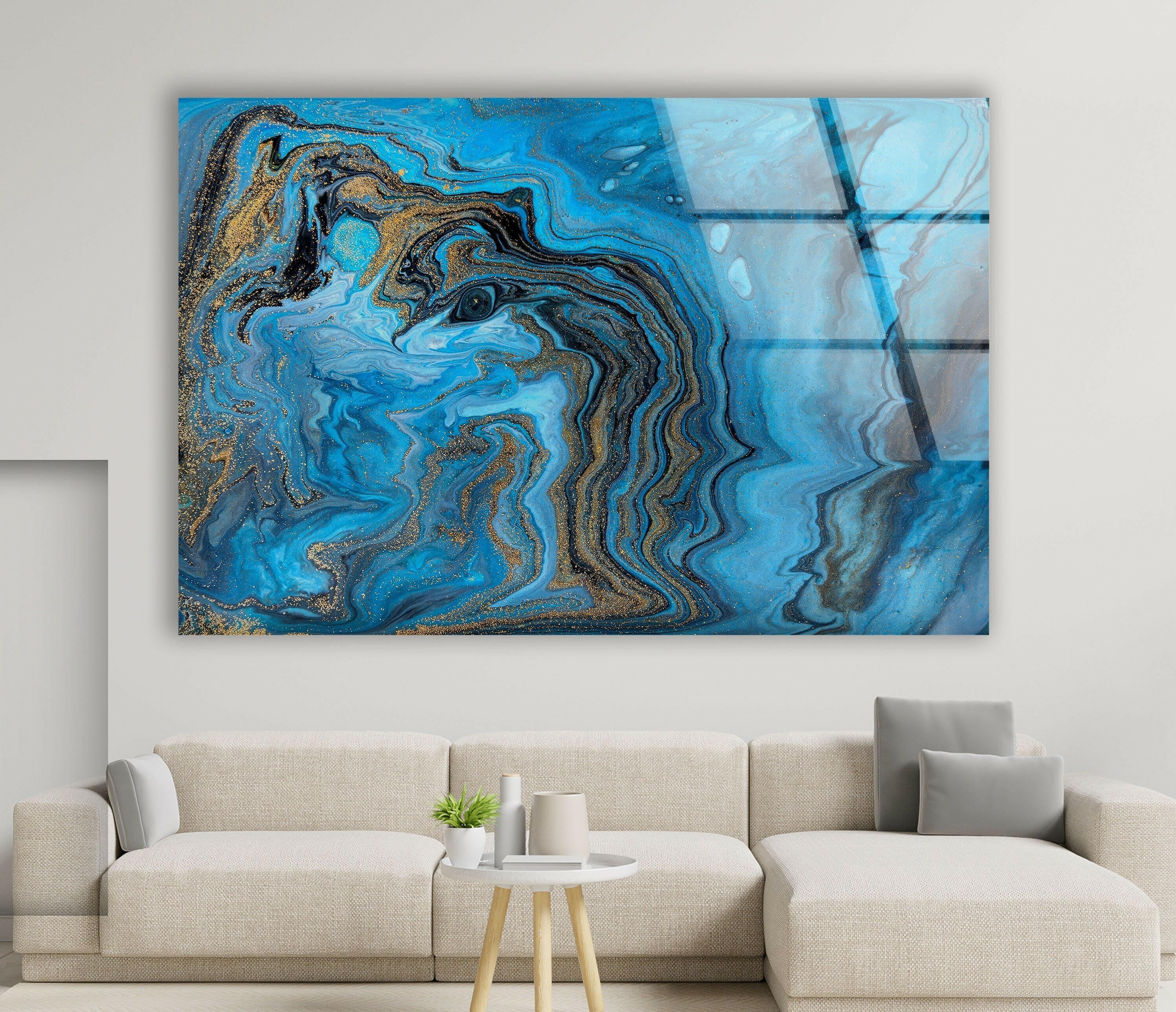 Blue and Gold Alcohol Ink Art Glass Wall Decor - Handmade Modern Abstract Painting for Living Room, Bedroom & Office