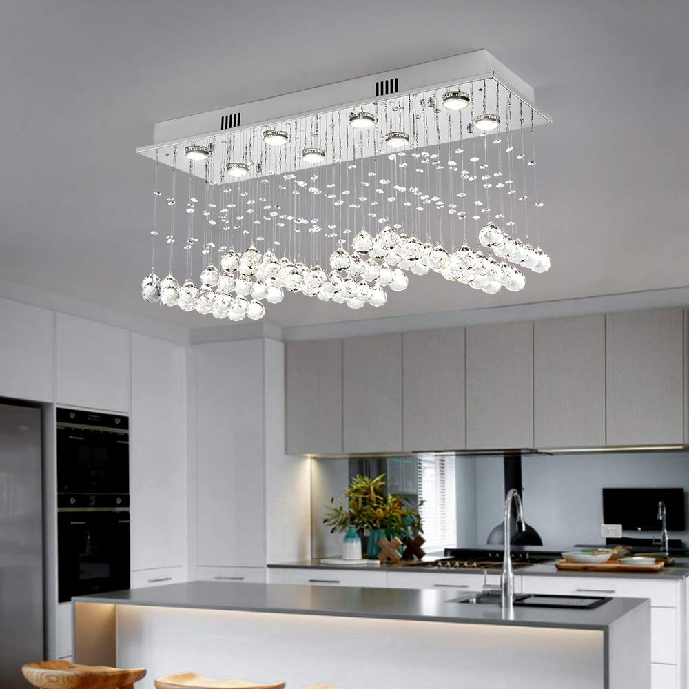 Maxax 8-Light Rectangle Crystal Raindrop Chandelier - Modern Flush Mount Ceiling Light Fixture with K9 Clear Crystals for Living Room, Bedroom, Dining Room & Kitchen Island - Elegant Home Lighting for Weddings, Restaurants and Luxury Spaces